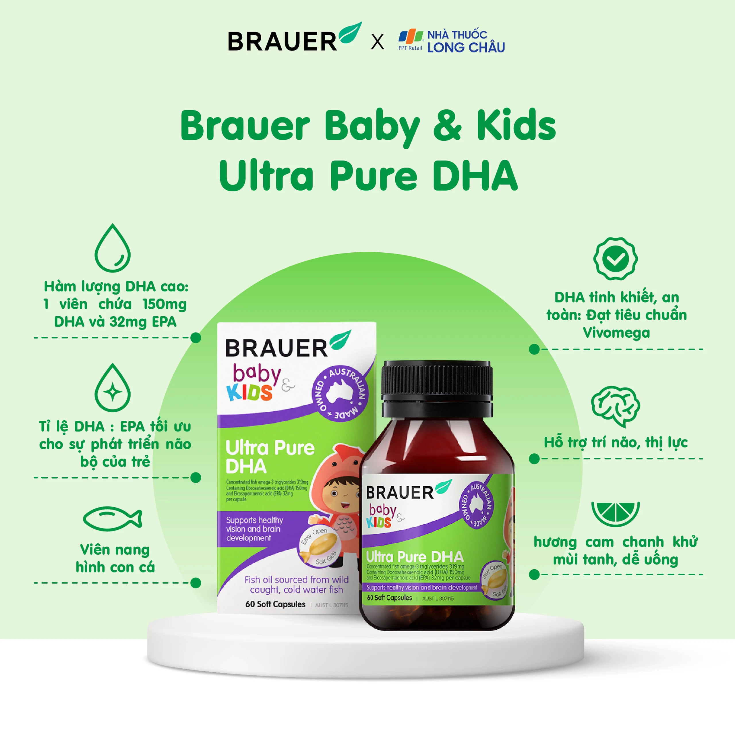 Viên hỗ trợ phát triển não bộ sức khỏe cho mắt Brauer Baby & Kids Ultra Pure DHA (60 viên) 3