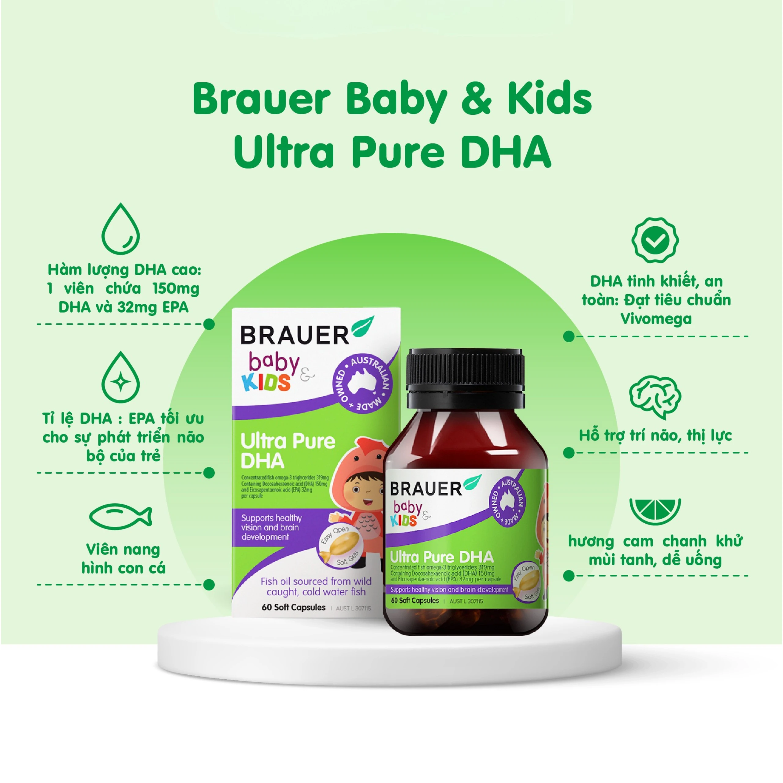 Viên hỗ trợ phát triển não bộ sức khỏe cho mắt Brauer Baby & Kids Ultra Pure DHA (60 viên)