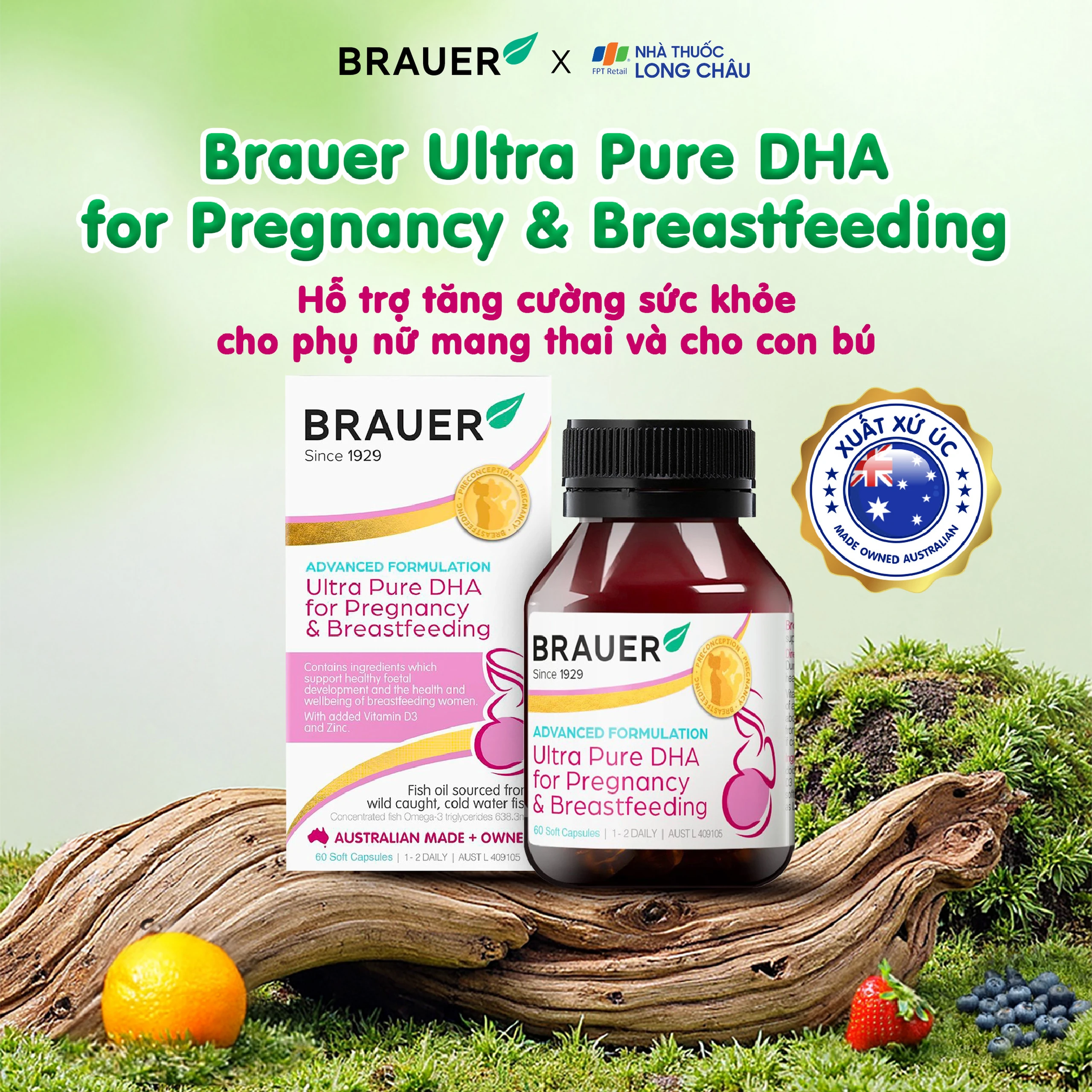 Viên uống hỗ trợ tăng cường sức khoẻ phụ nữ mang thai và cho con bú Brauer Ultra Pure DHA For Pregnancy & Breastfeeding (60 viên) 2