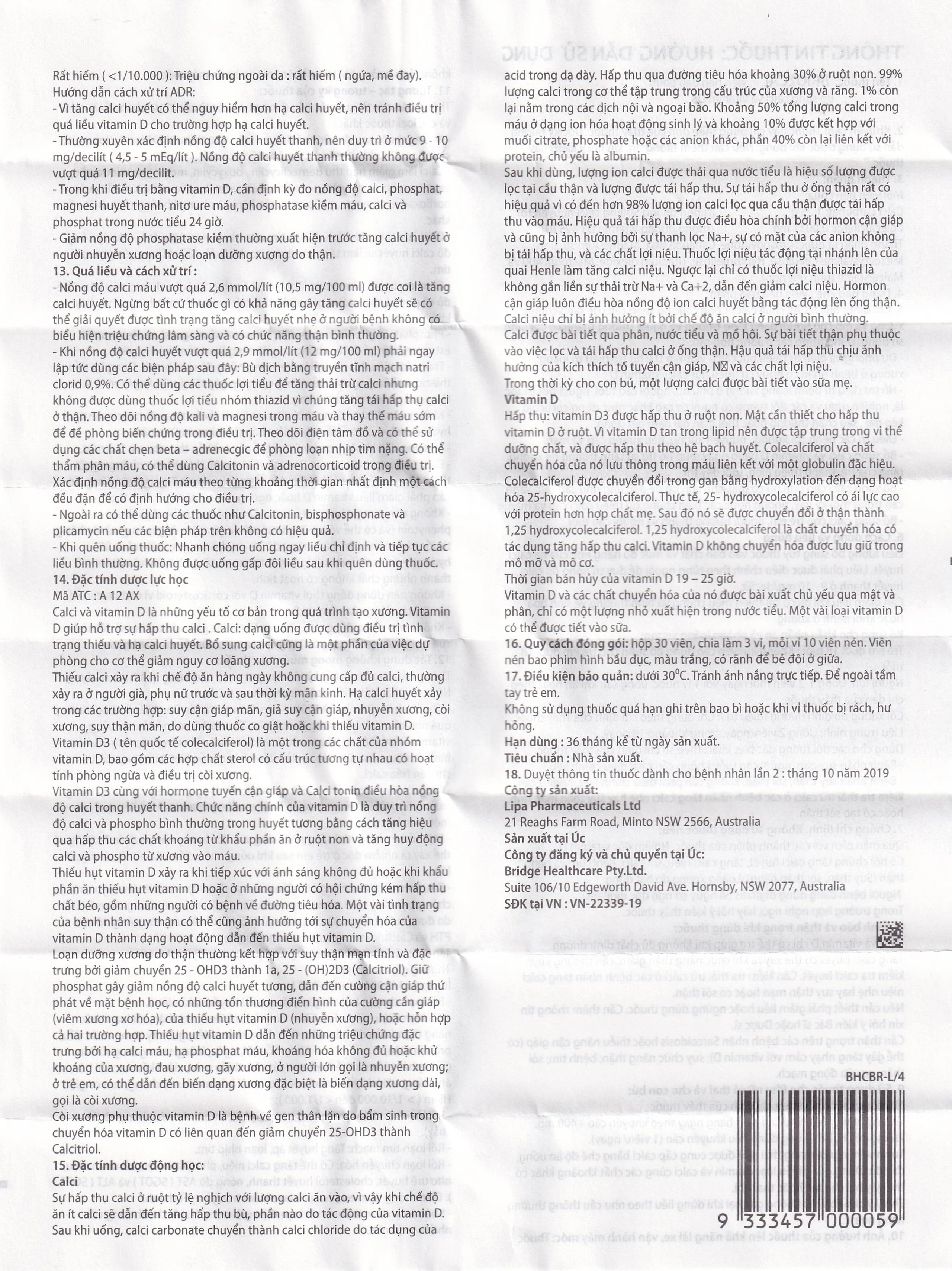 Thuốc Briozcal Bridge Healthcare dự phòng và điều trị thiếu hụt calci, vitamin D3 (3 vỉ x 10 viên)