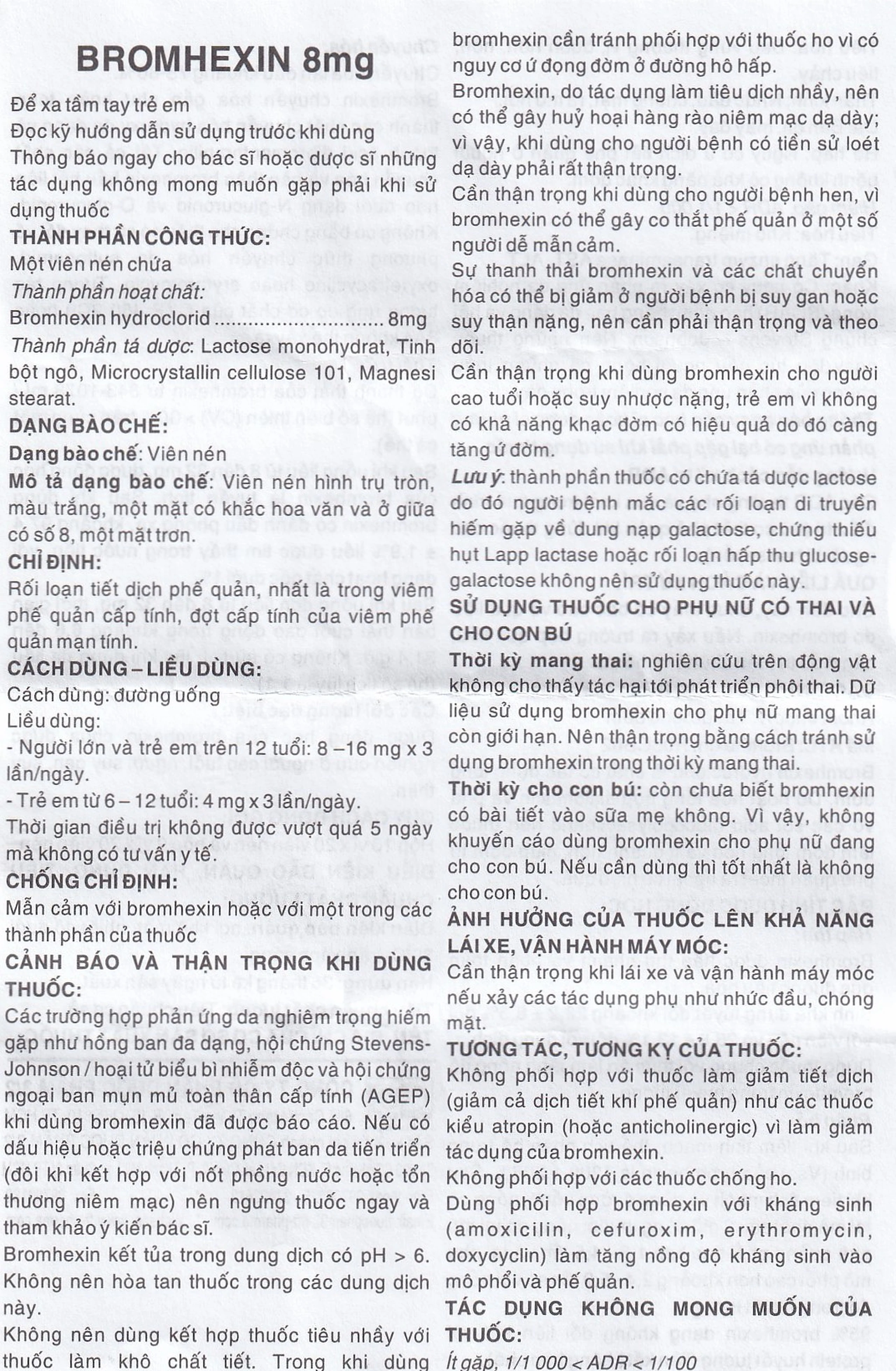 Thuốc Bromhexin 8mg Dược 3-2 tan đàm trong viêm khí phế quản, viêm phế quản mạn tính (10 vỉ x 20 viên)