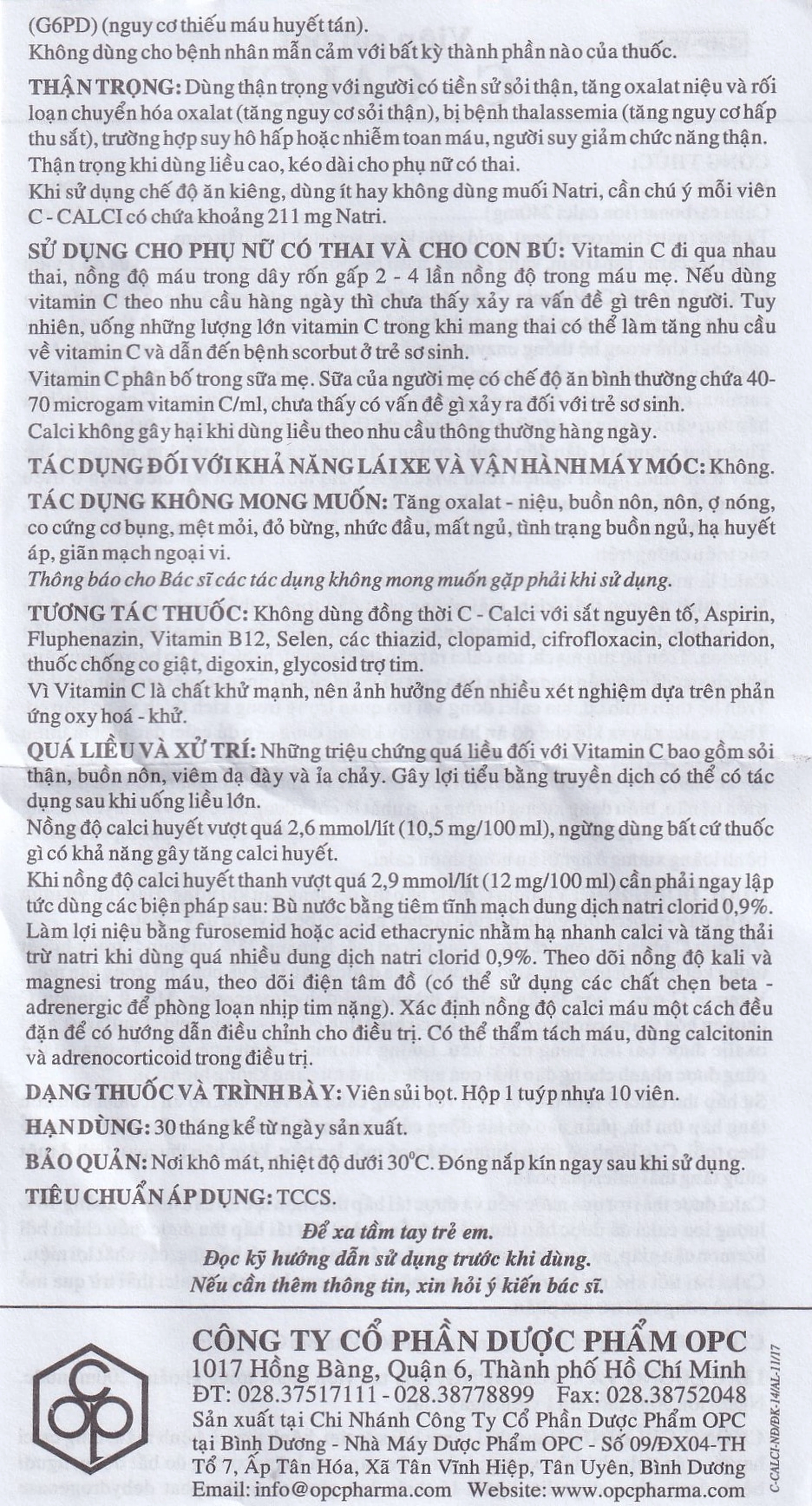 Viên sủi C-Calci OPC phòng và điều trị tình trạng thiếu Vitamin C và Calci (10 viên)