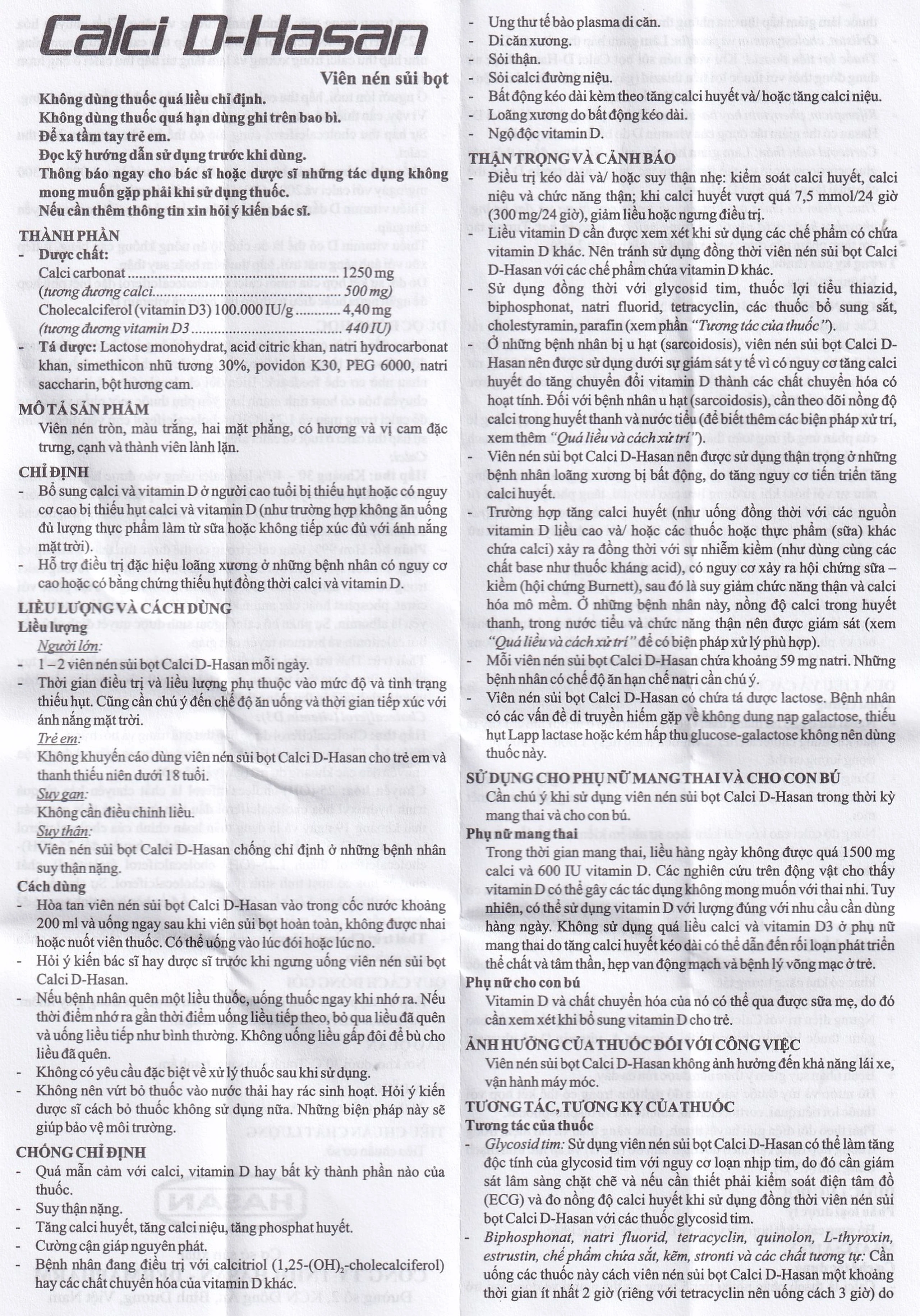 Viên sủi Calci D-Hasan điều trị loãng xương, bổ sung Canxi và Vitamin D (18 viên)