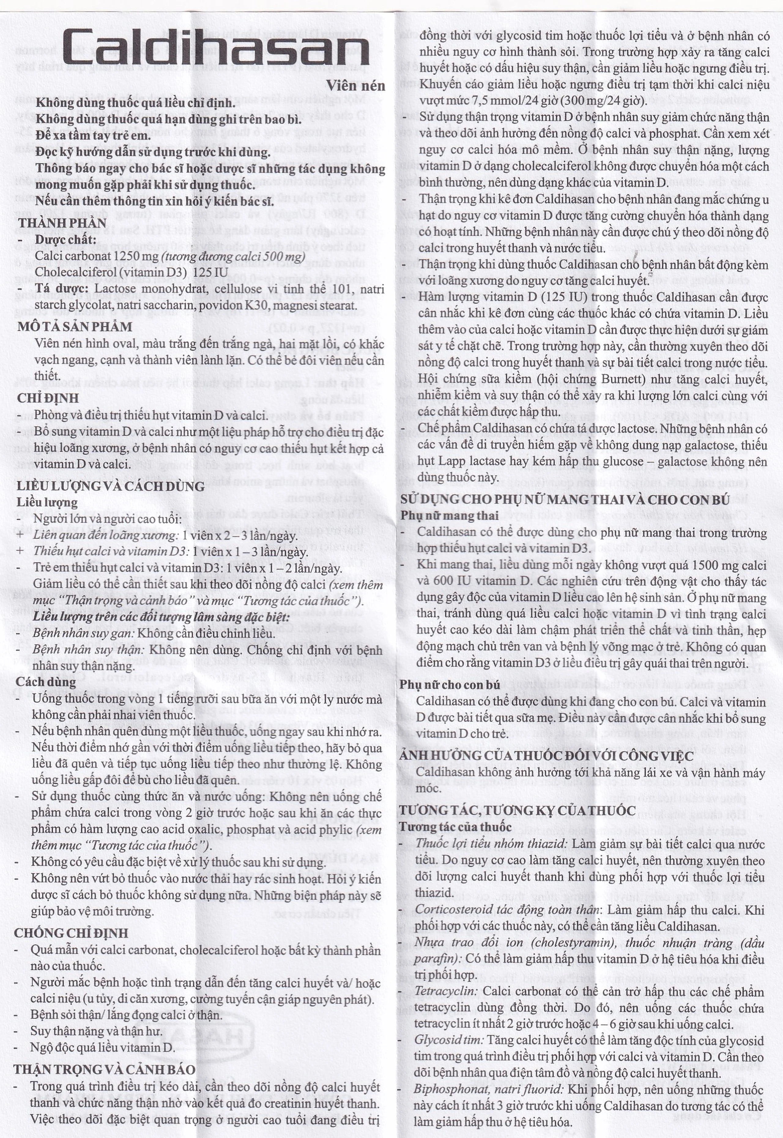 Thuốc Caldihasan 1250mg/125IU Hasan phòng và điều trị thiếu hụt vitamin D, canxi (3 vỉ x 10 viên)