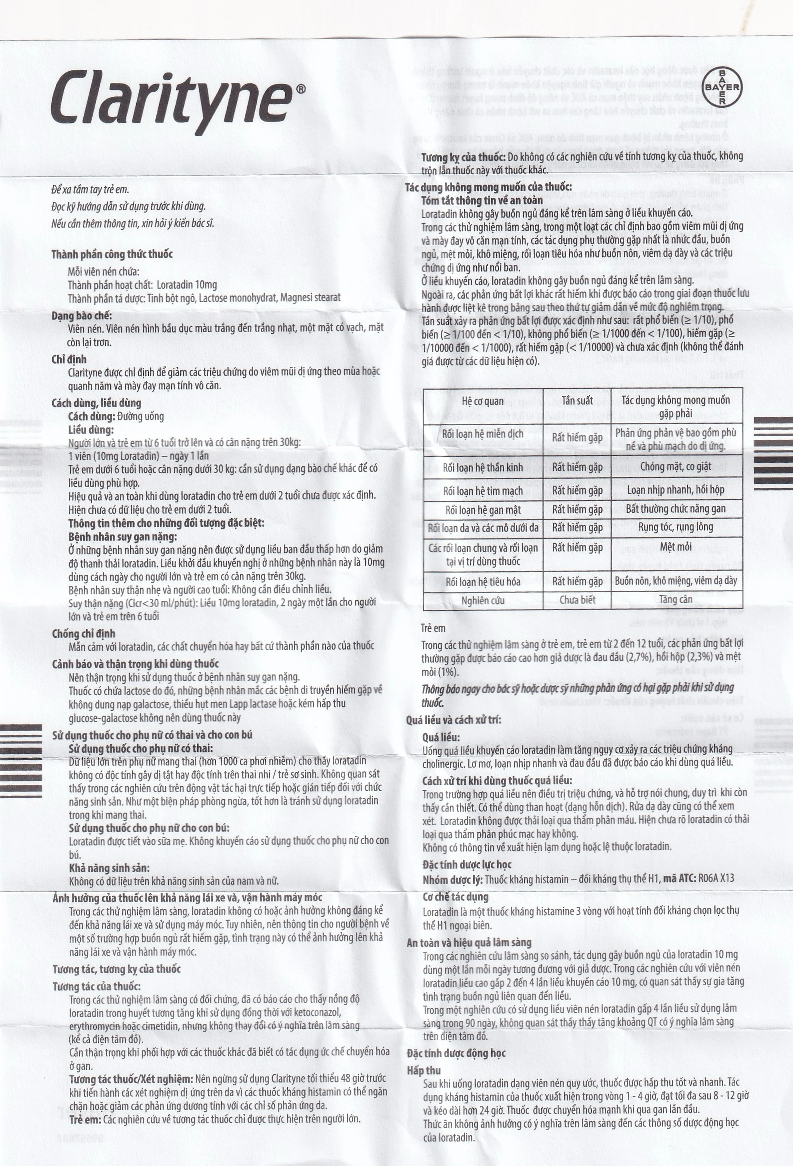 Thuốc Clarityne 10mg Bayer giảm các triệu chứng do viêm mũi dị ứng và mày đay mạn tính vô căn (1 vỉ x 10 viên)