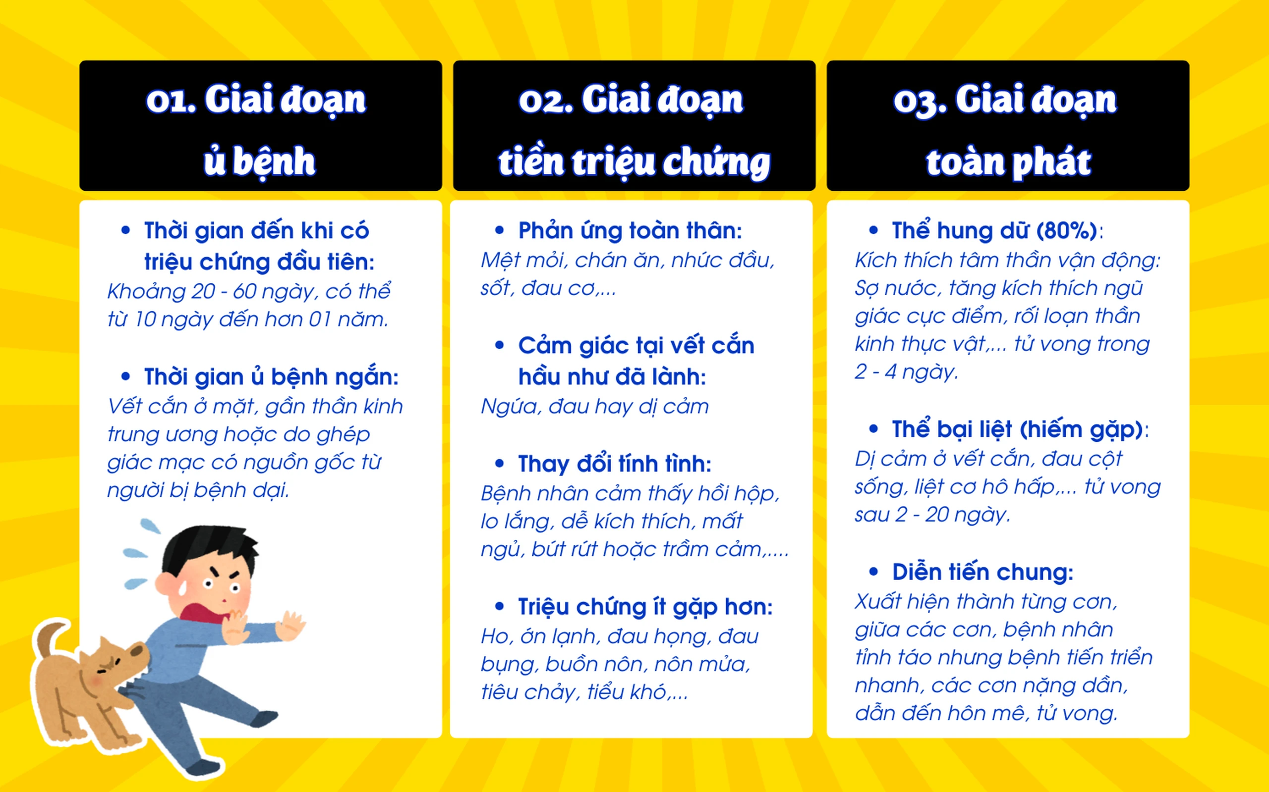 Các giai đoạn của bệnh dại ở người và triệu chứng