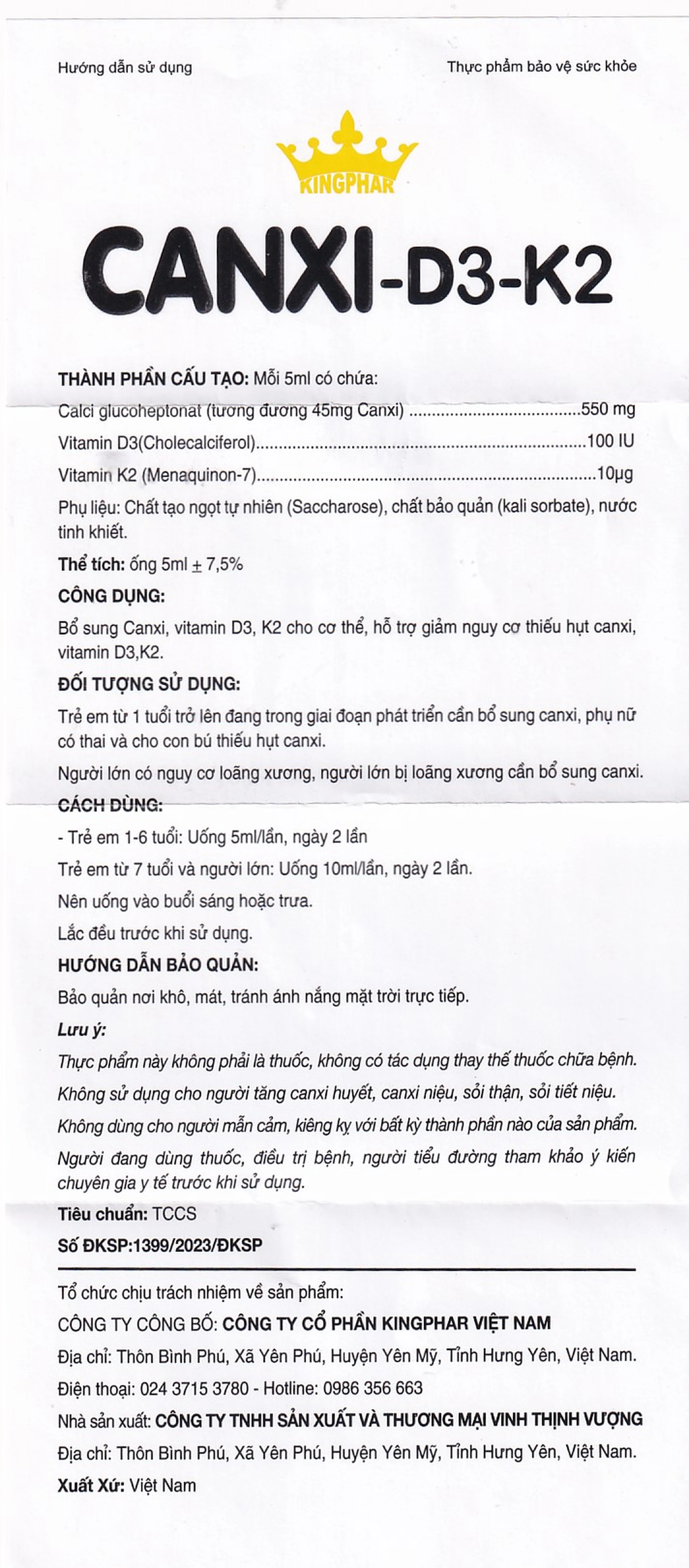 Siro bổ sung canxi & vitamin D3, K2 cho cơ thể Canxi-D3-K2 Kingphar (6 vỉ x 5 ống x 5ml)