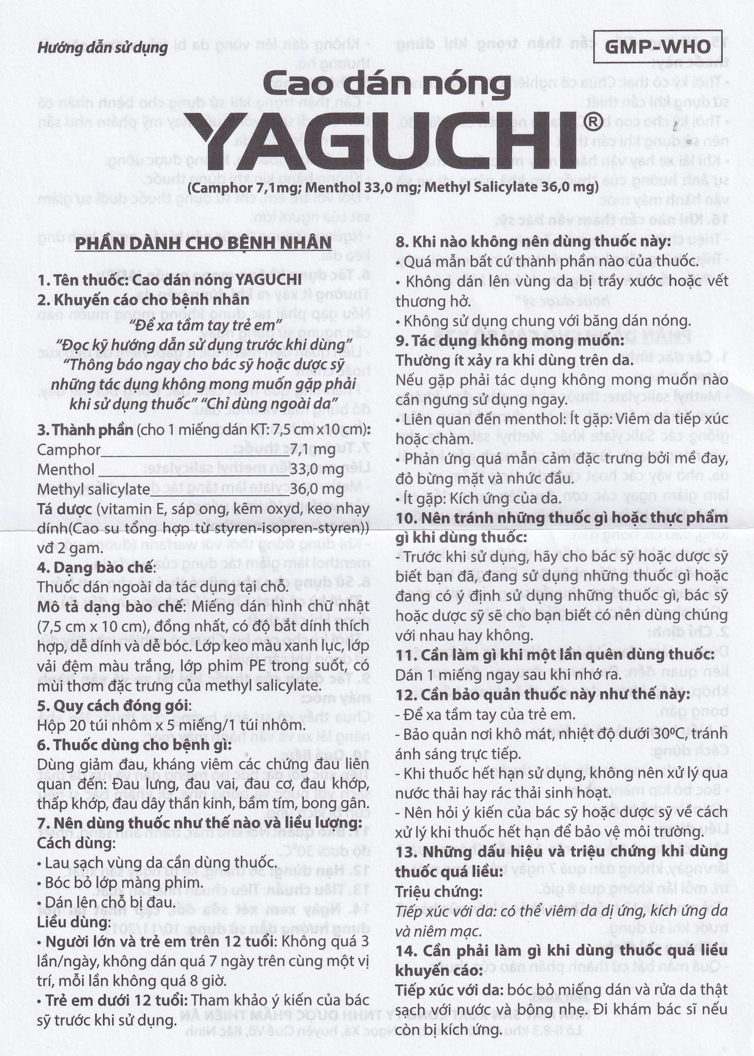 Cao dán Yaguchi Tatra giảm đau, kháng viêm trong các cơn đau vai, đau lưng (5 miếng)