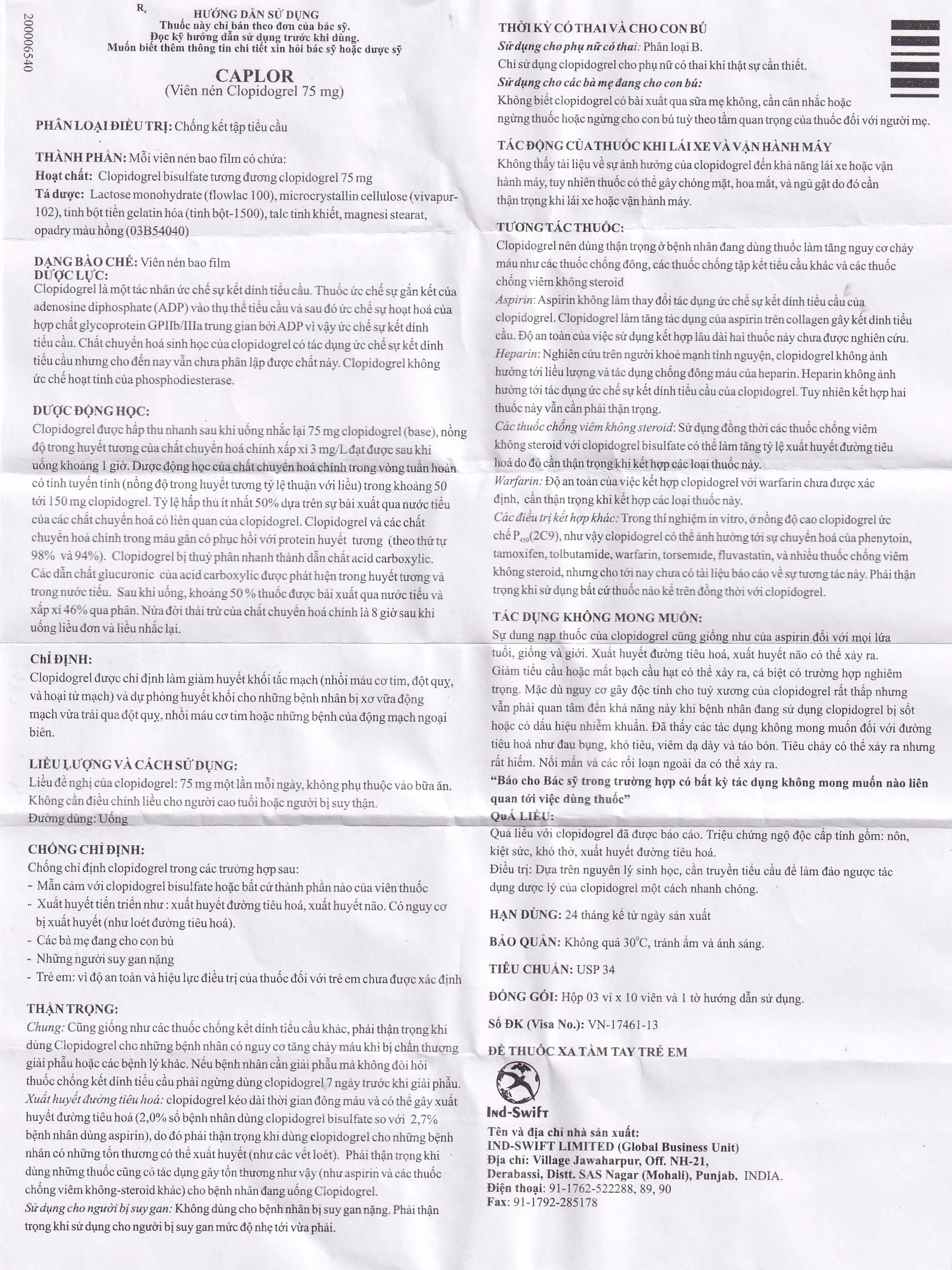 Thuốc Caplor 75mg INd-Swift giảm huyết khối tắc mạch (3 vỉ x 10 viên)