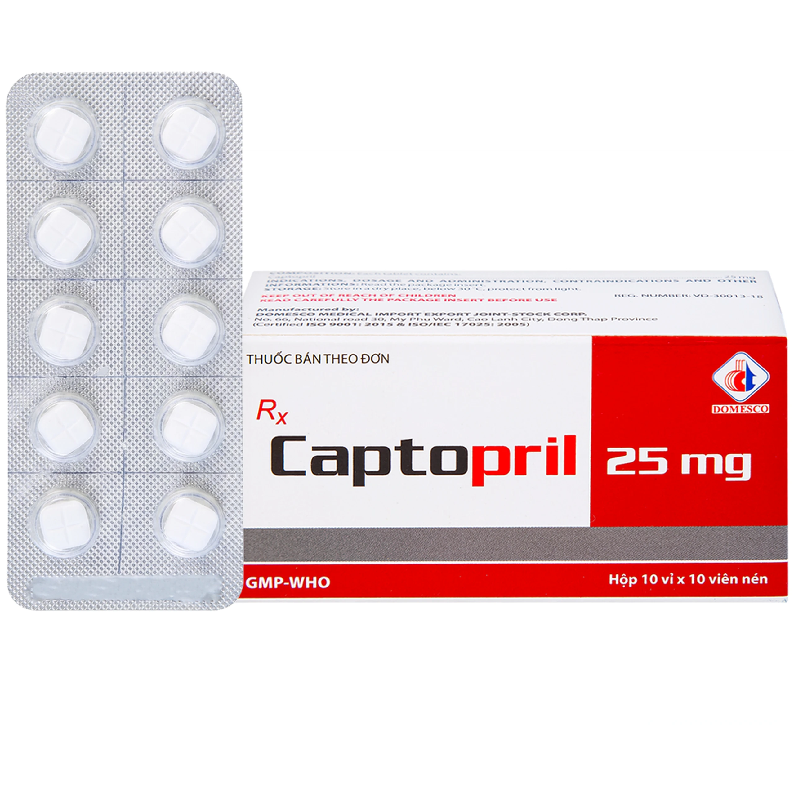 Thuốc Captopril 25mg Domesco điều trị tăng huyết áp, suy tim, nhồi máu cơ tim (10 vỉ x 10 viên)  1