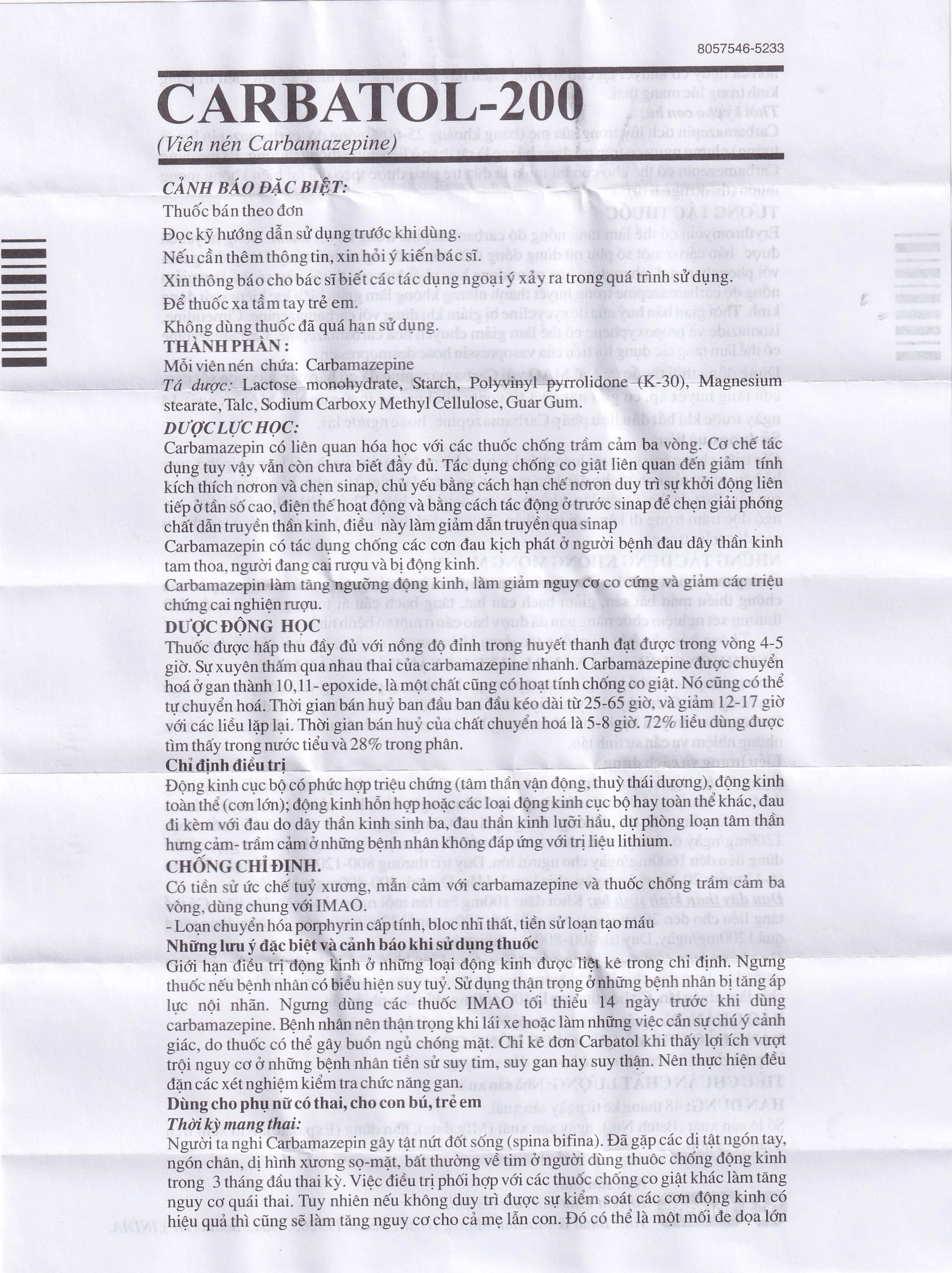 Thuốc Carbatol 200 Torrent điều trị bệnh động kinh cục bộ (10 vỉ x 10 viên)