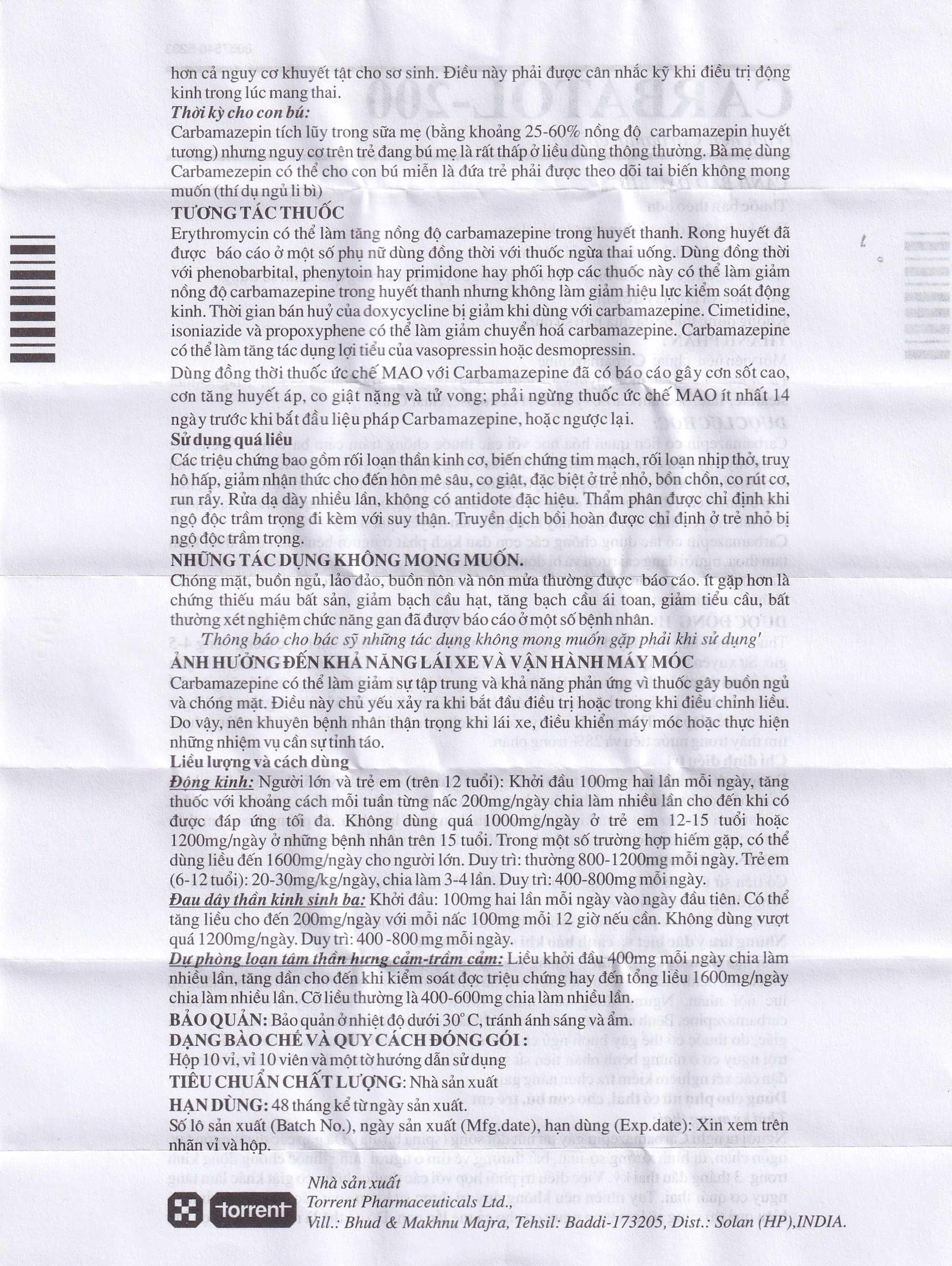 Thuốc Carbatol 200 Torrent điều trị bệnh động kinh cục bộ (10 vỉ x 10 viên)