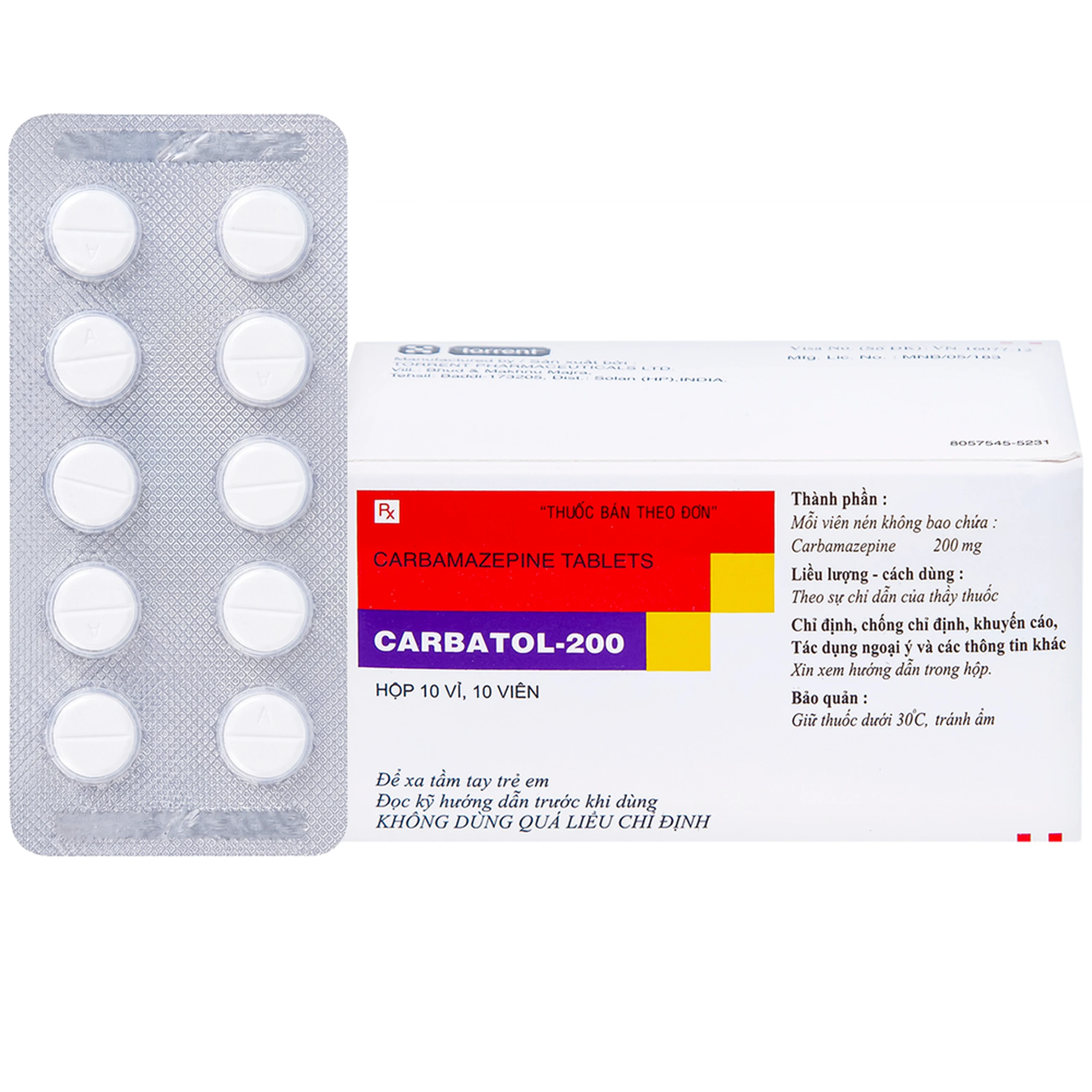 Thuốc Carbatol 200 Torrent điều trị bệnh động kinh cục bộ (10 vỉ x 10 viên) 1