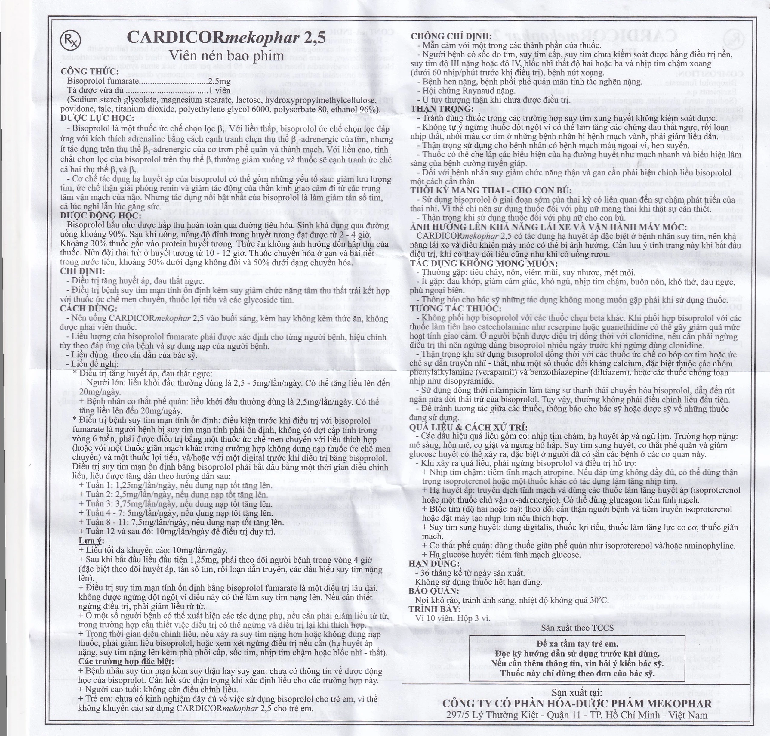 Thuốc Cardicor Mekophar 2.5 điều trị tăng huyết áp, đau thắt ngực (3 vỉ x 10 viên)