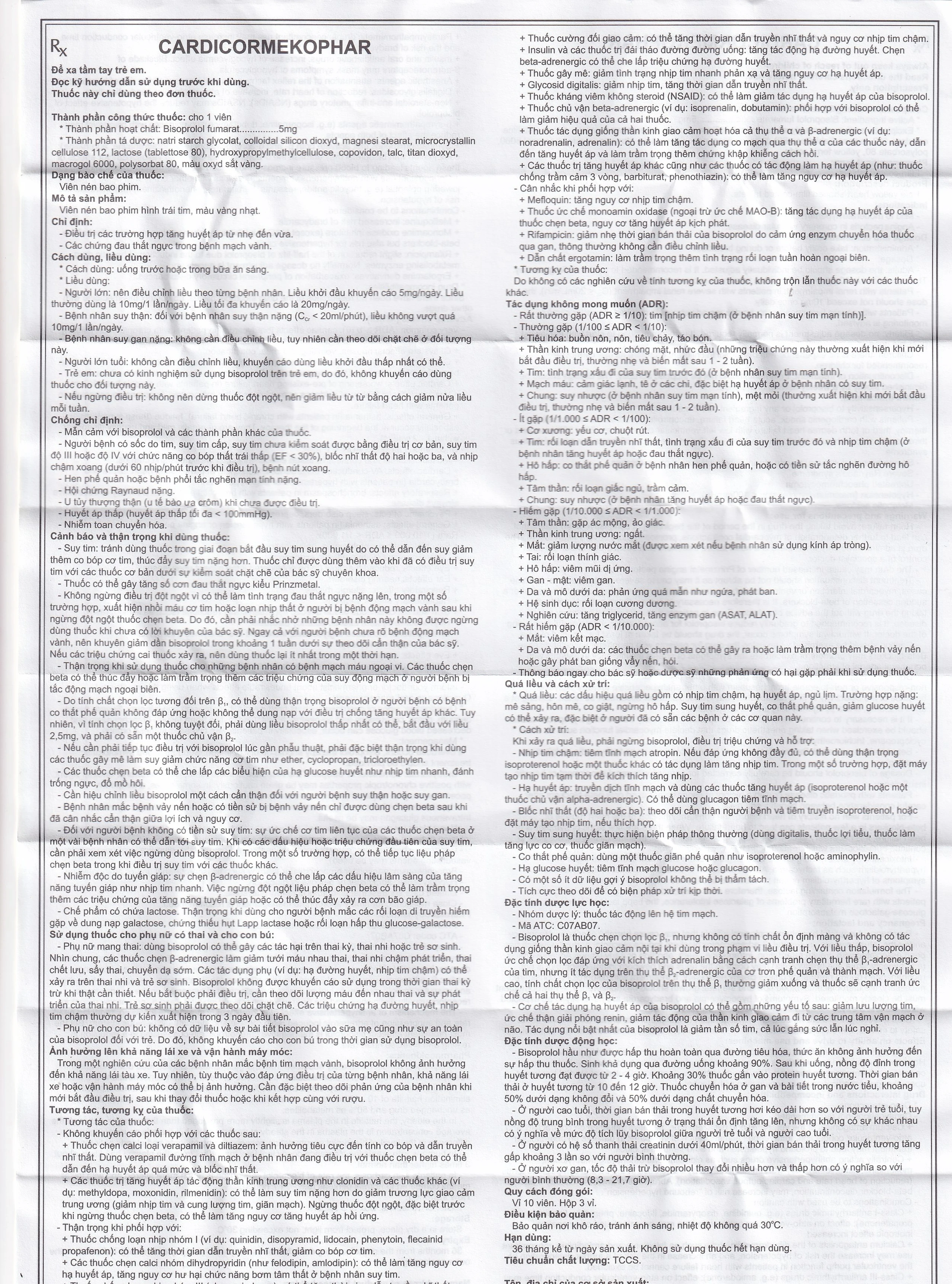 Thuốc Cardicor Mekophar 5 điều trị cao huyết áp, đau thắt ngực (3 vỉ x 10 viên)