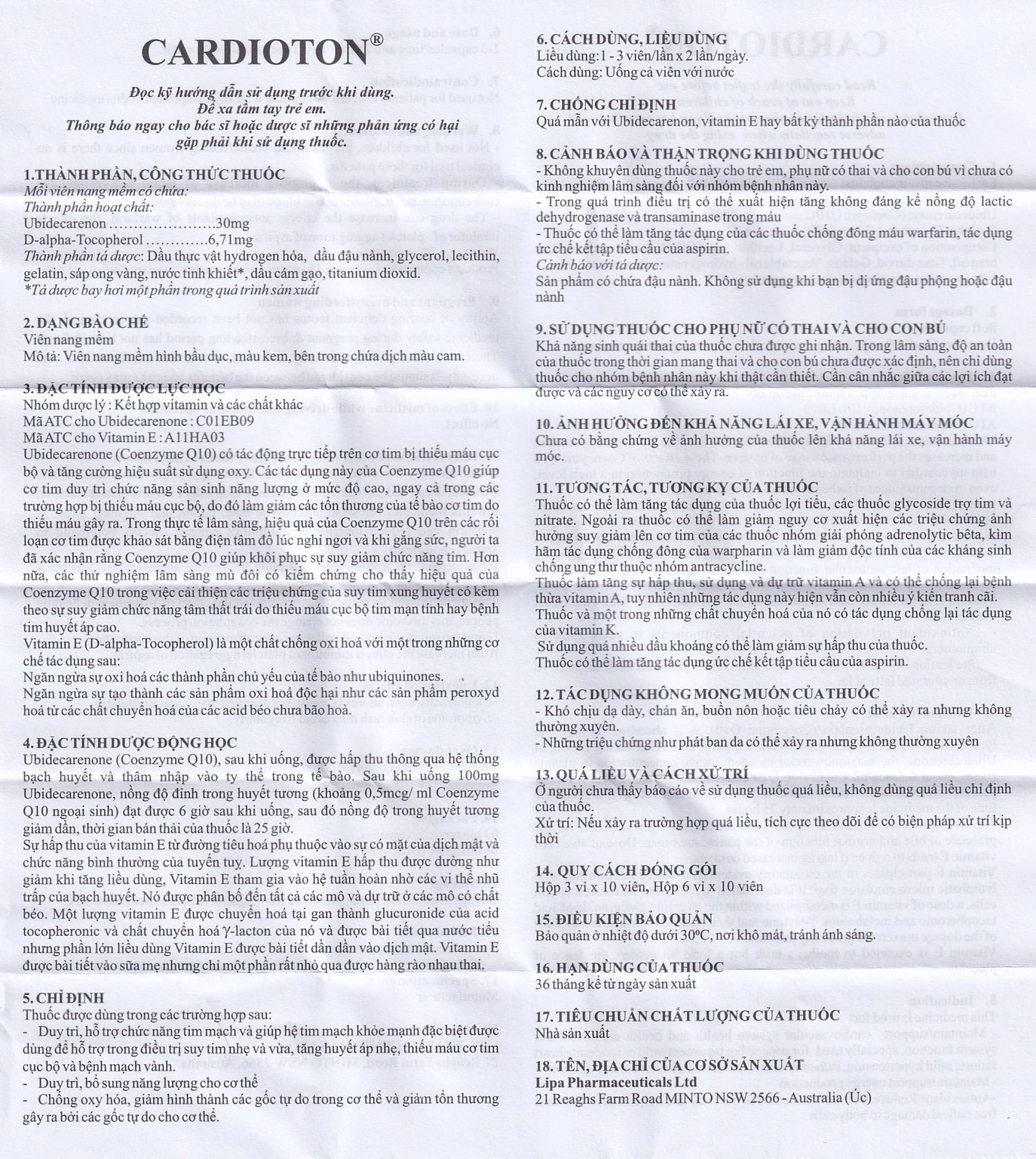 Thuốc Cardioton Lipa Pharma điều trị suy tim, tăng huyết áp, bổ sung năng lượng (6 vỉ x 10 viên) 