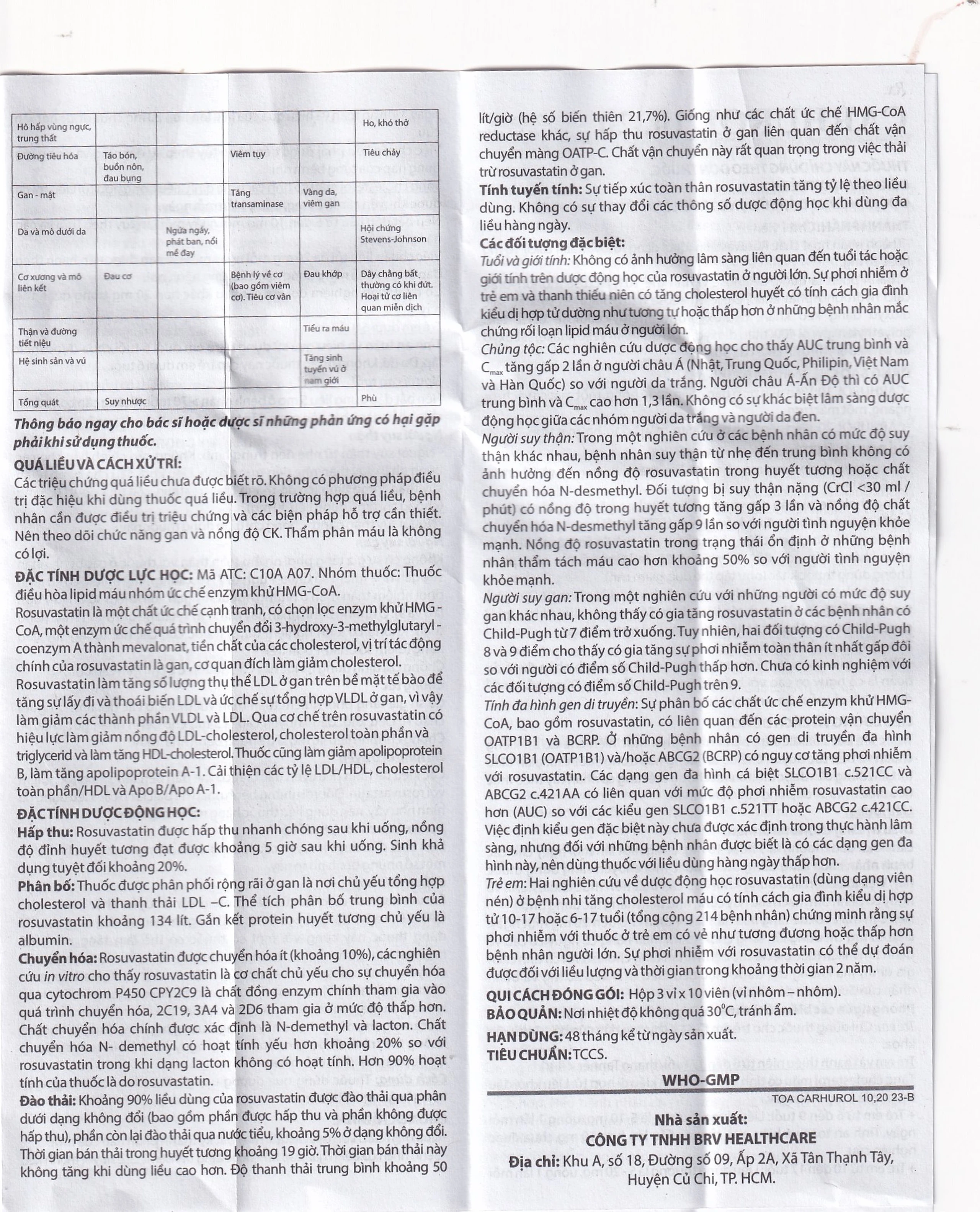Thuốc Carhurol 10 BRV điều trị tăng cholesterol máu (3 vỉ x 10 viên)