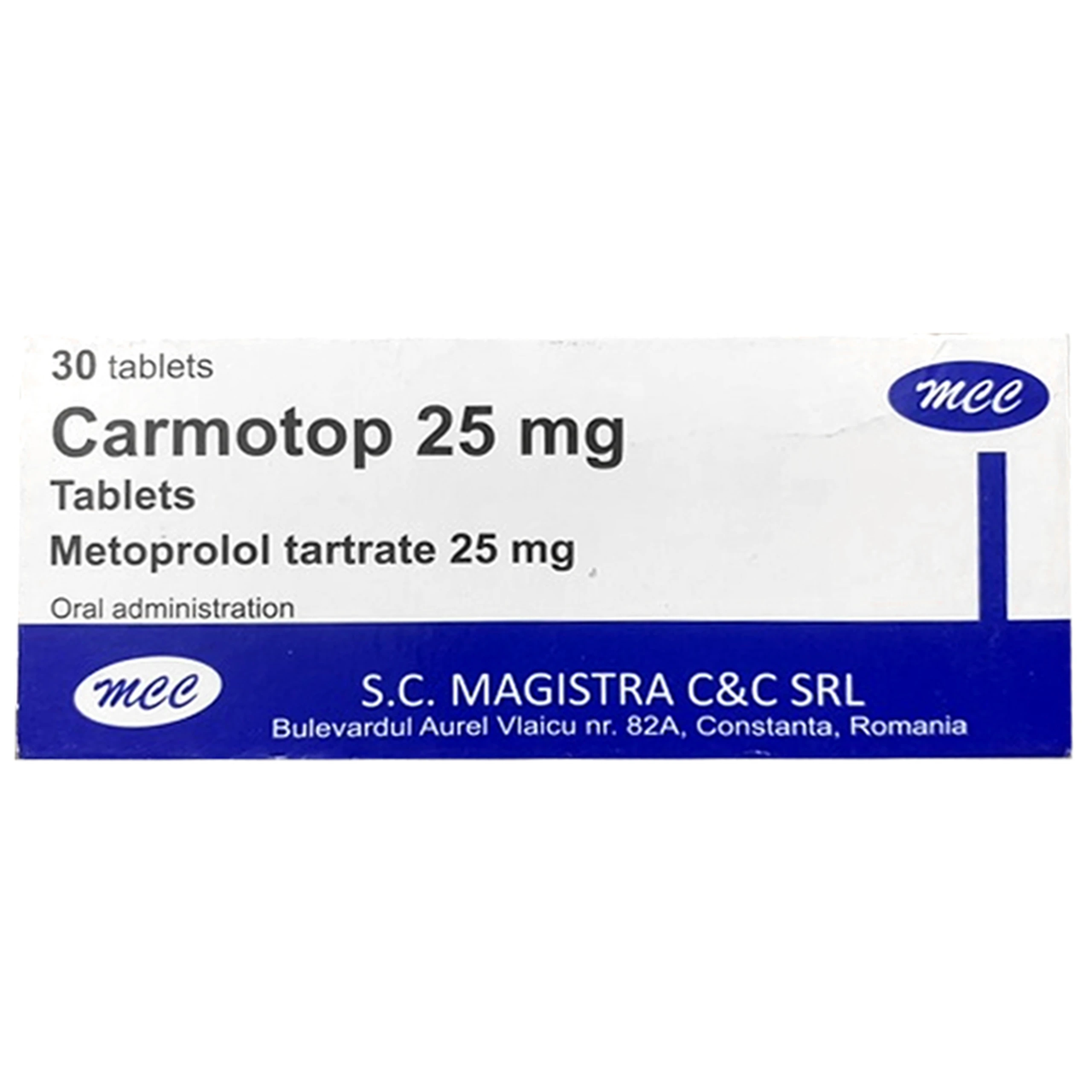 Thuốc Carmotop 25mg Magistra C&C điều trị tăng huyết áp, đau thắt ngực (3 vỉ x 10 viên)