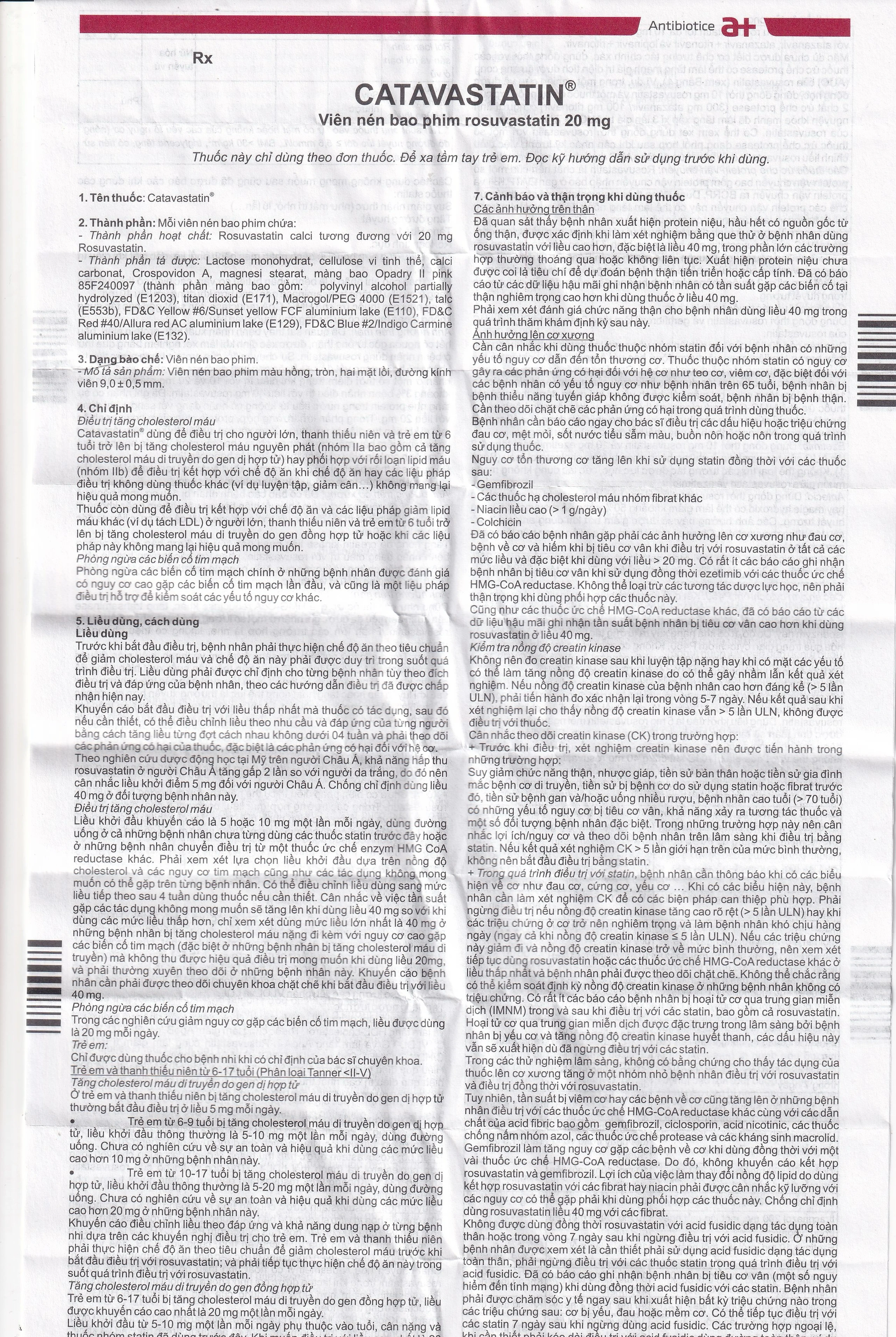 Thuốc Catavastatin 20mg Antibiotice điều trị tăng cholesterol máu và phòng ngừa biến cố tim mạch (3 vỉ x 10 viên)