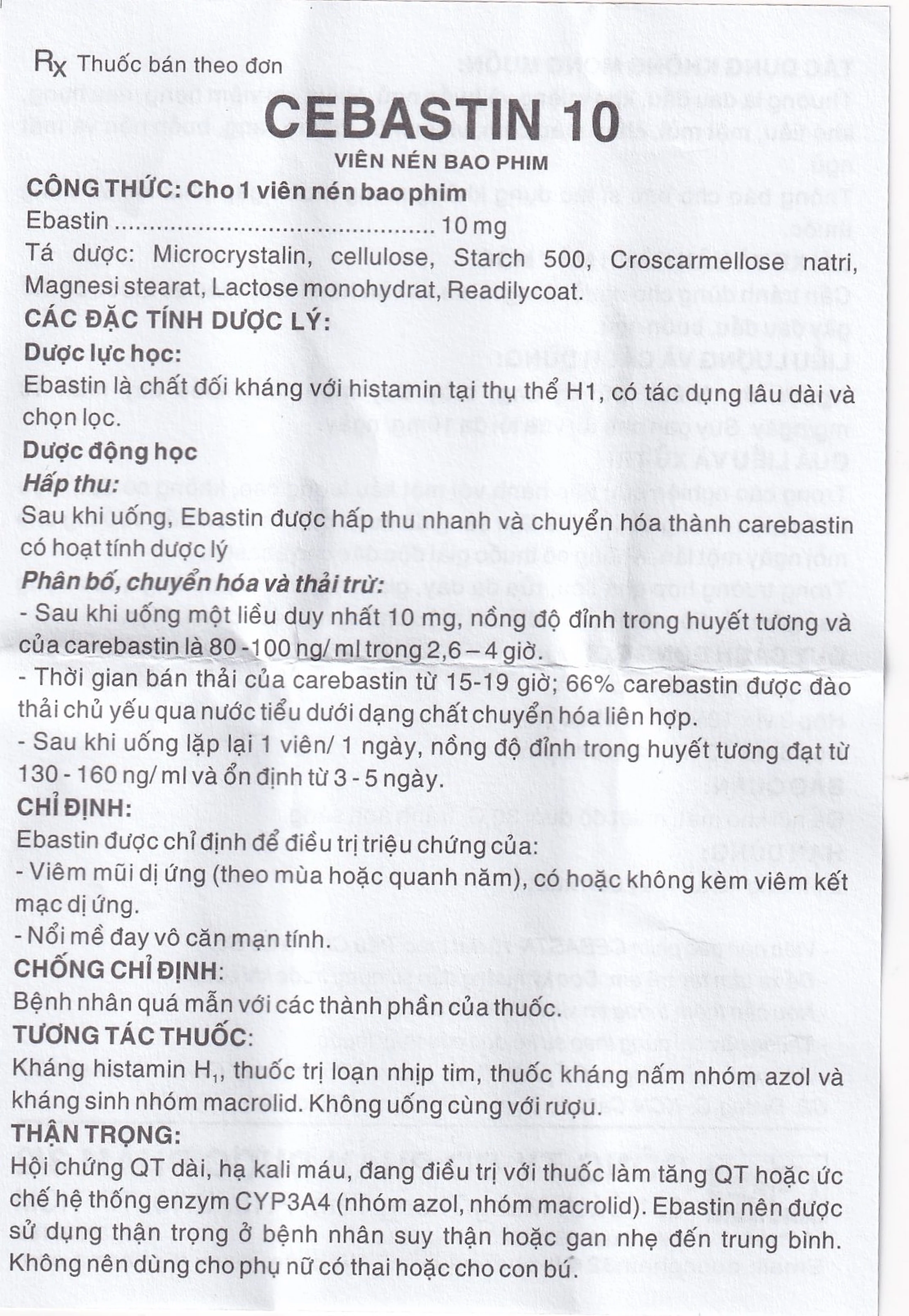 Thuốc Cebastin10 Dược 3-2 điều trị viêm mũi dị ứng, mày đay (3 vỉ x 10 viên)