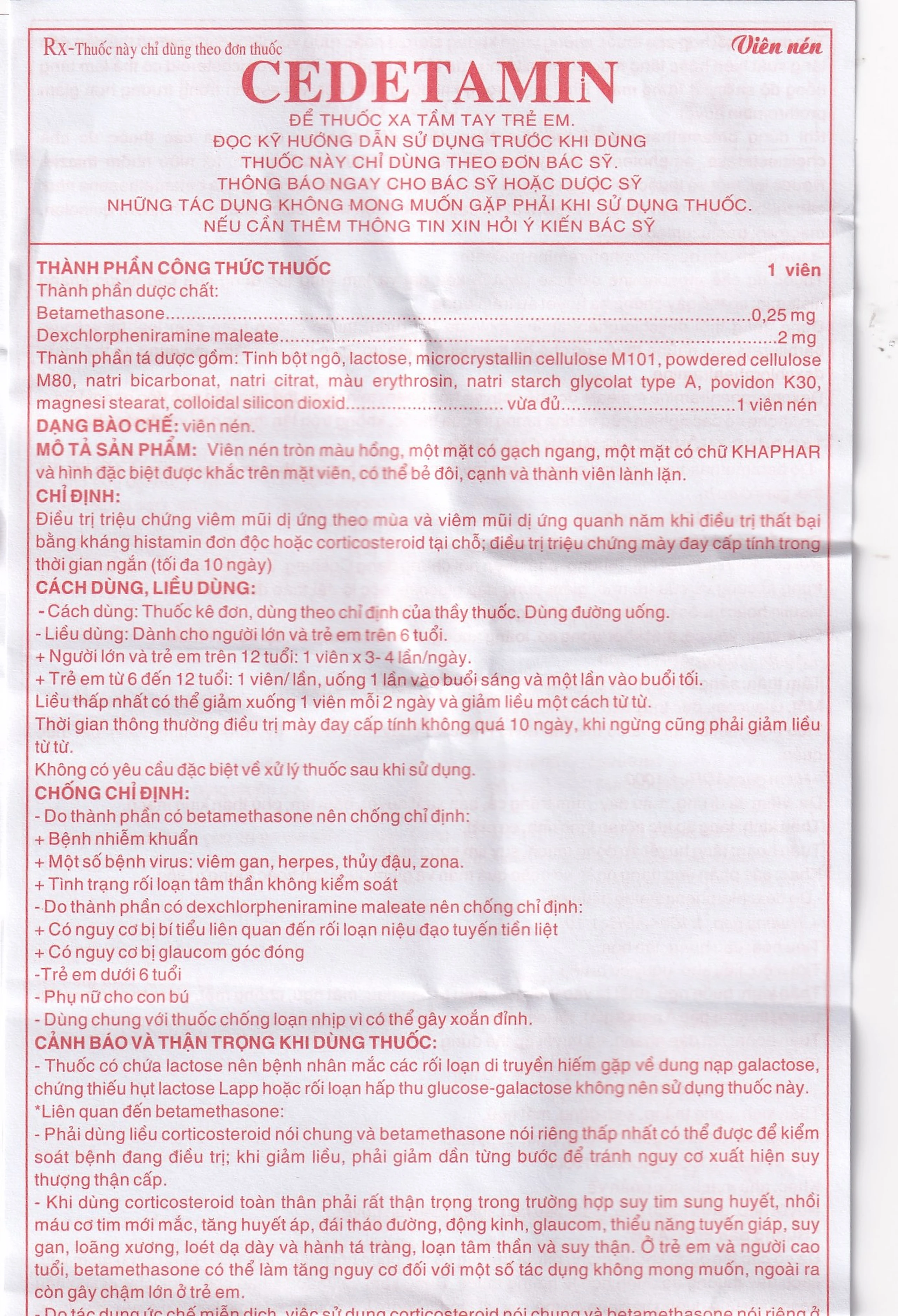 Thuốc Cedetamin Khapharco điều trị viêm mũi dị ứng, mày đay (2 vỉ x 15 viên)