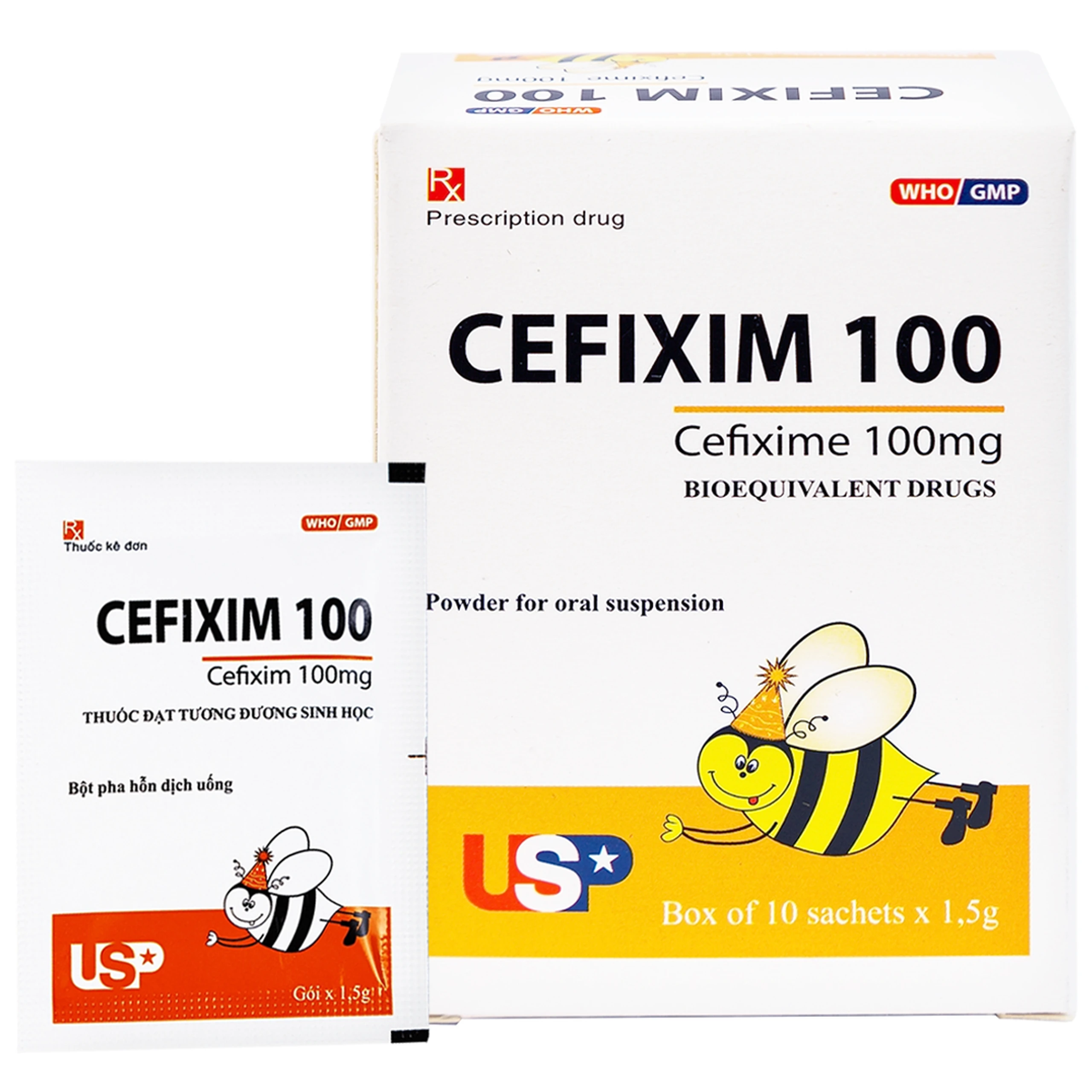 Bột pha hỗn dịch uống Cefixim 100 USP điều trị nhiễm khuẩn (10 gói x 1.5g)