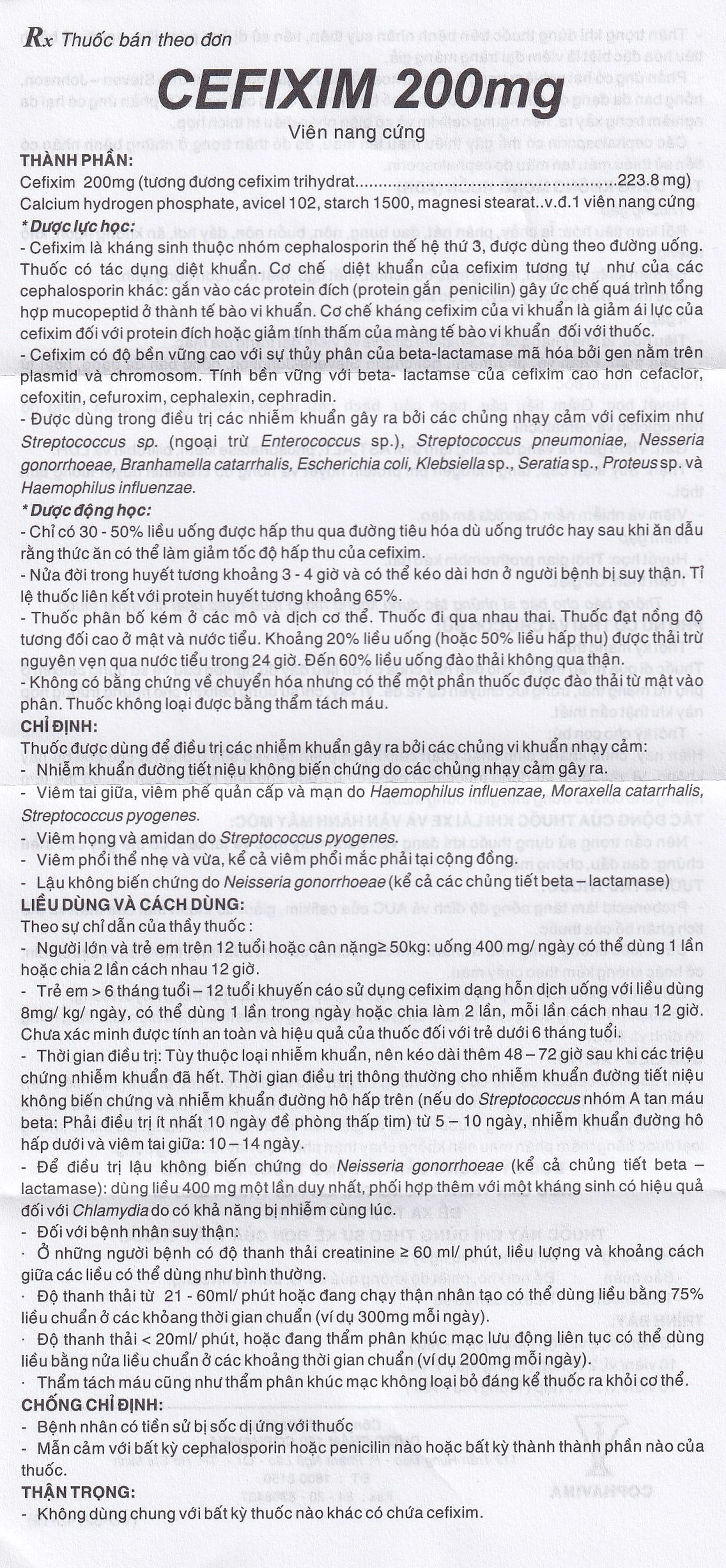 Thuốc Cefixim 200mg Cophavina điều trị nhiễm khuẩn (2 vỉ x 10 viên)
