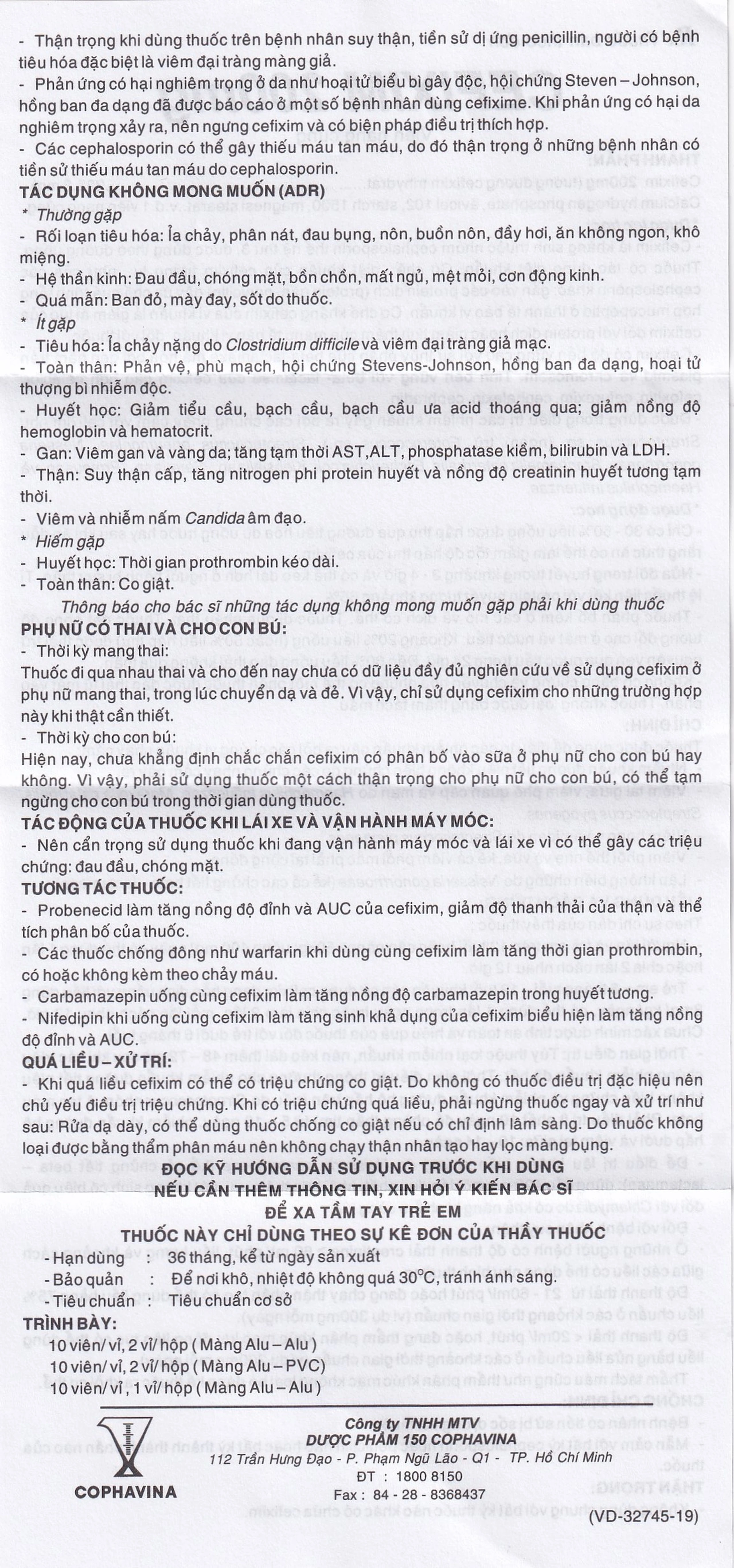 Thuốc Cefixim 200mg Cophavina điều trị nhiễm khuẩn (2 vỉ x 10 viên)