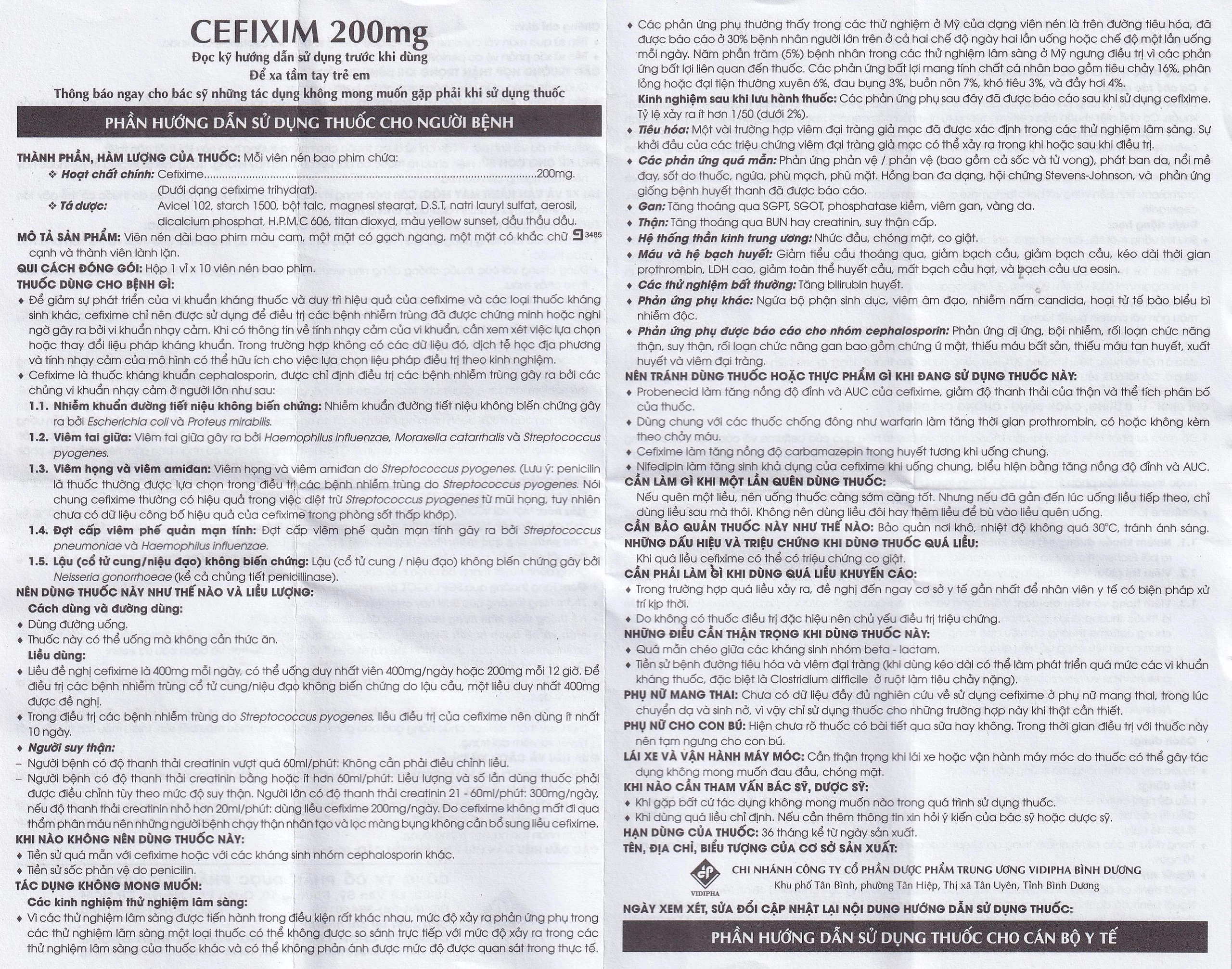Thuốc Cefixim 200mg Vidipha điều trị nhiễm khuẩn (1 vỉ x 10 viên)