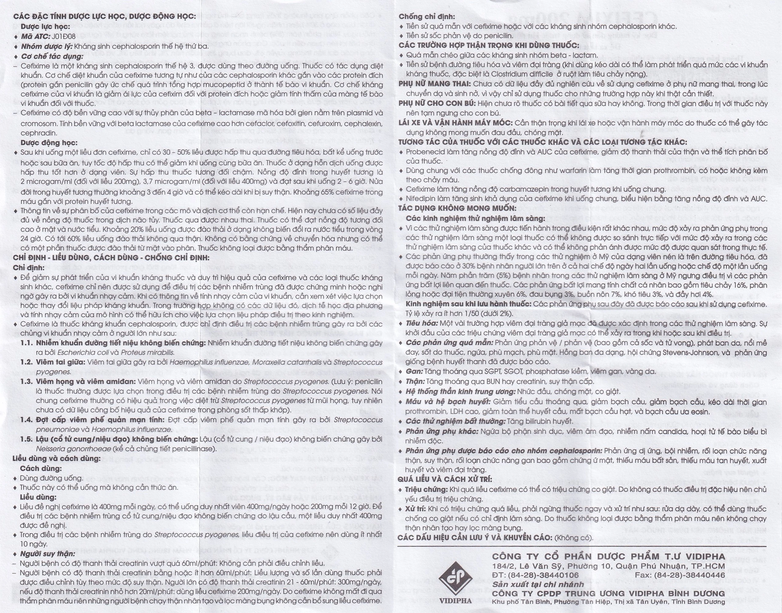 Thuốc Cefixim 200mg Vidipha điều trị nhiễm khuẩn (1 vỉ x 10 viên)