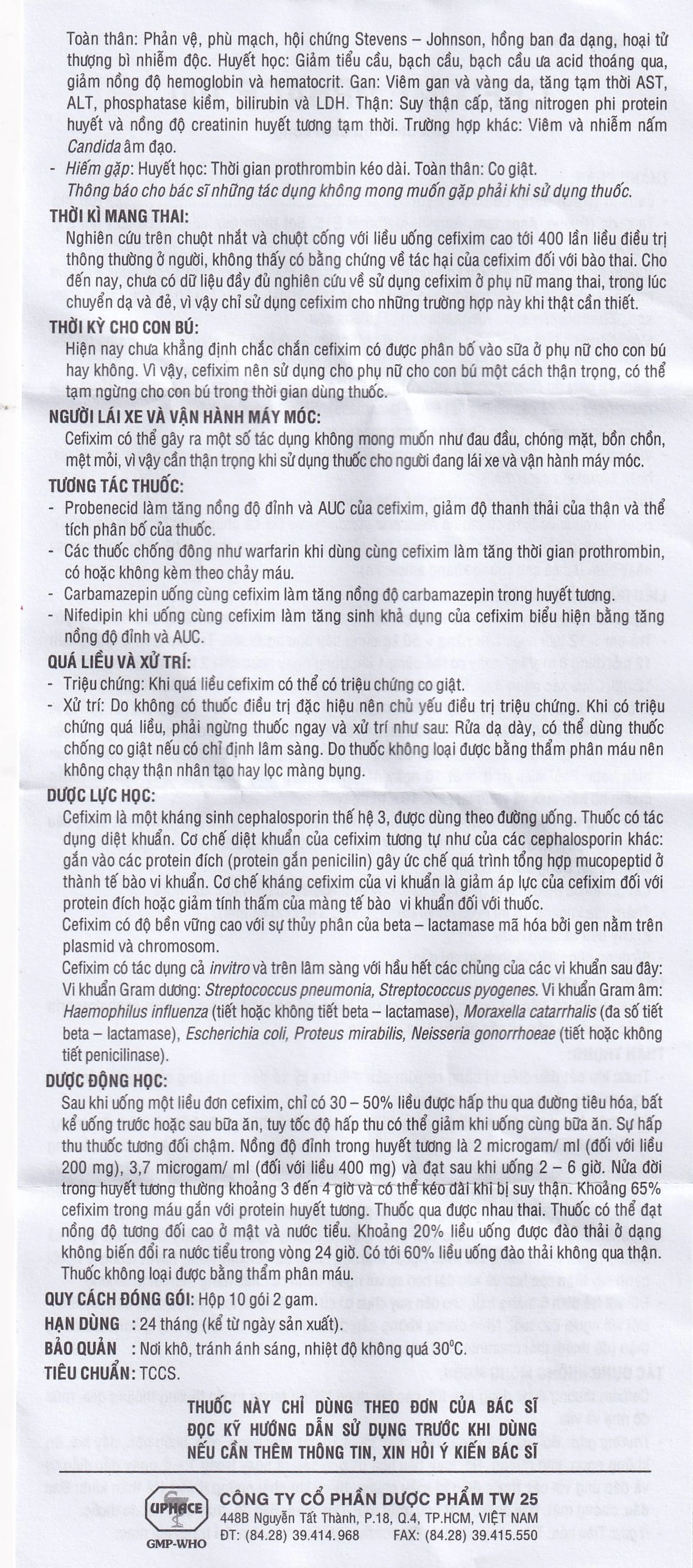 Bột pha hỗn dịch uống Cefixime Uphace 100mg điều trị nhiễm khuẩn (10 gói x 2g)