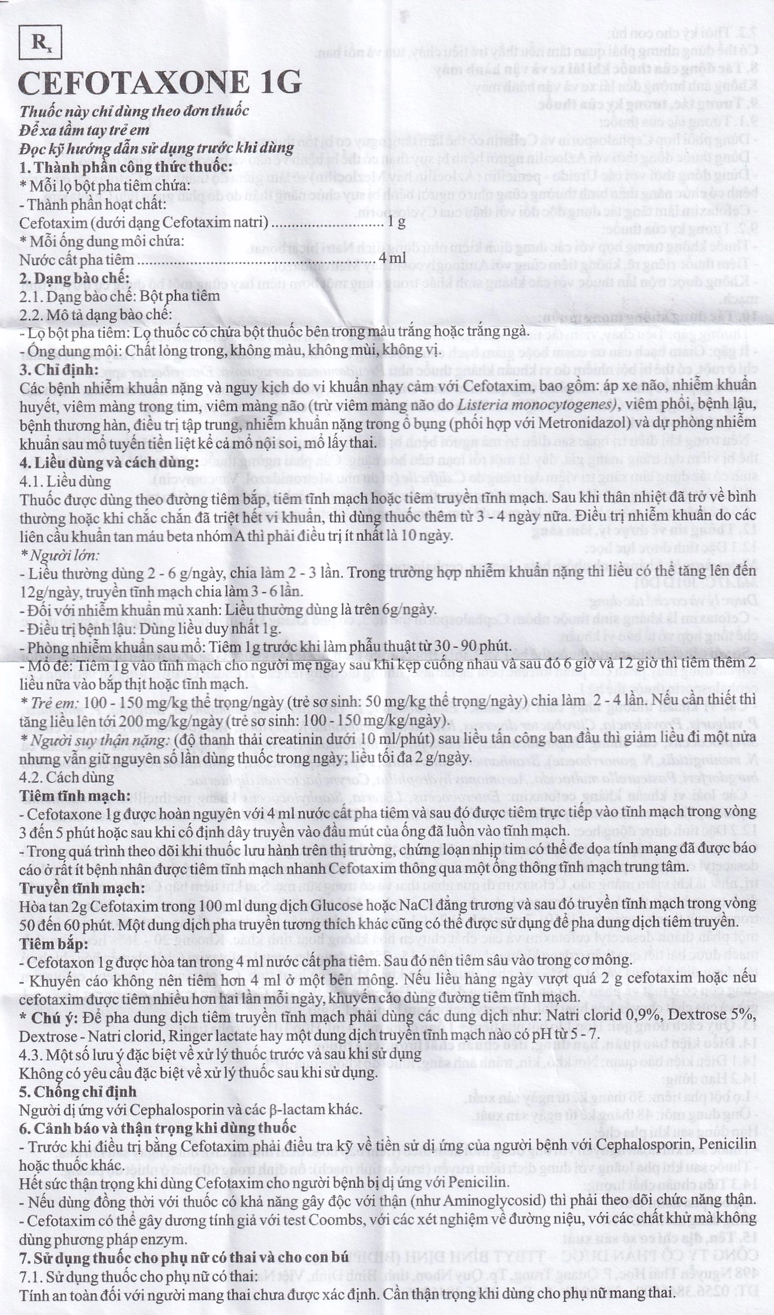 Bột pha tiêm Cefotaxone 1g Bidiphar điều trị các bệnh nhiễm khuẩn nặng (10 lọ)