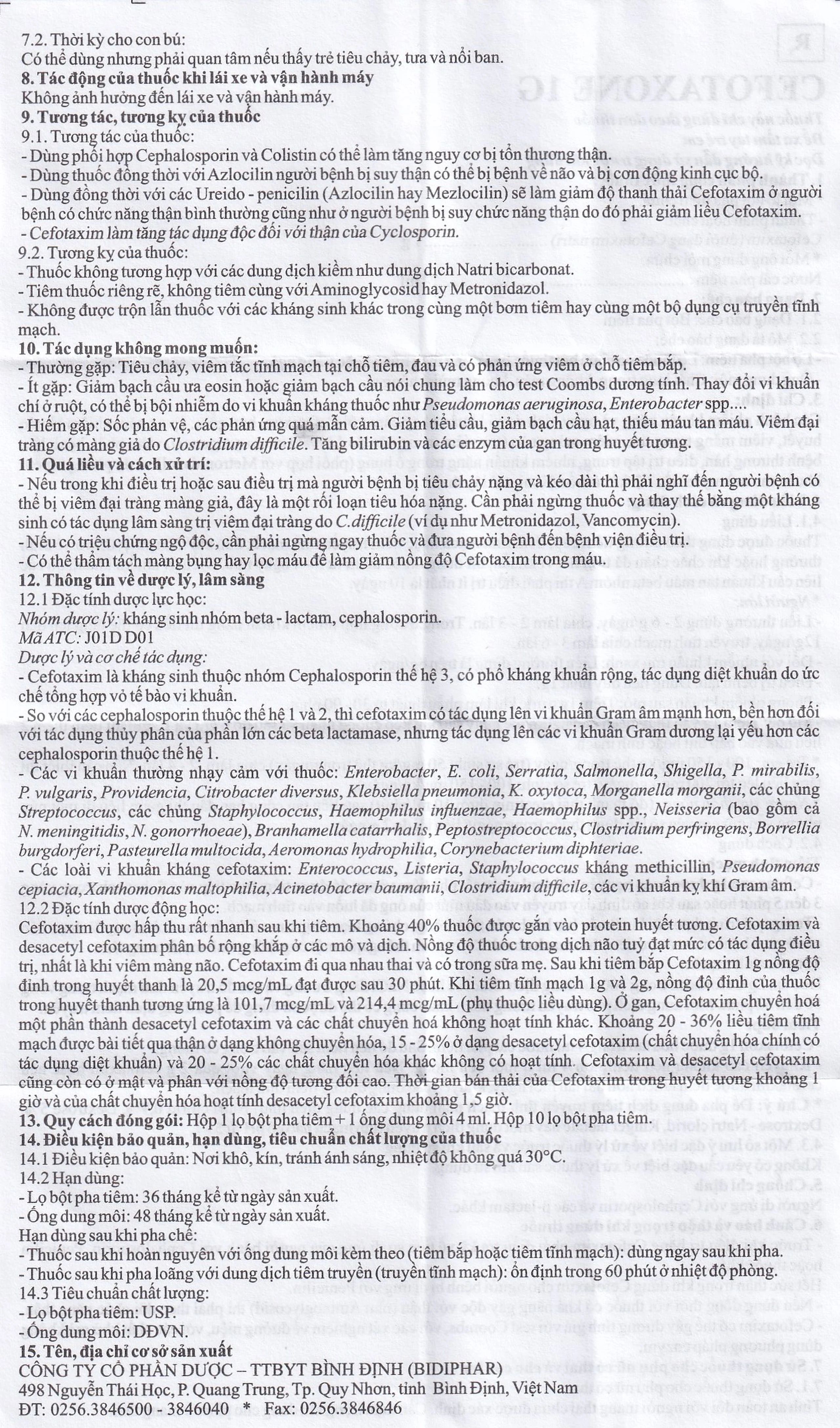 Bột pha tiêm Cefotaxone 1g Bidiphar điều trị các bệnh nhiễm khuẩn nặng (10 lọ)