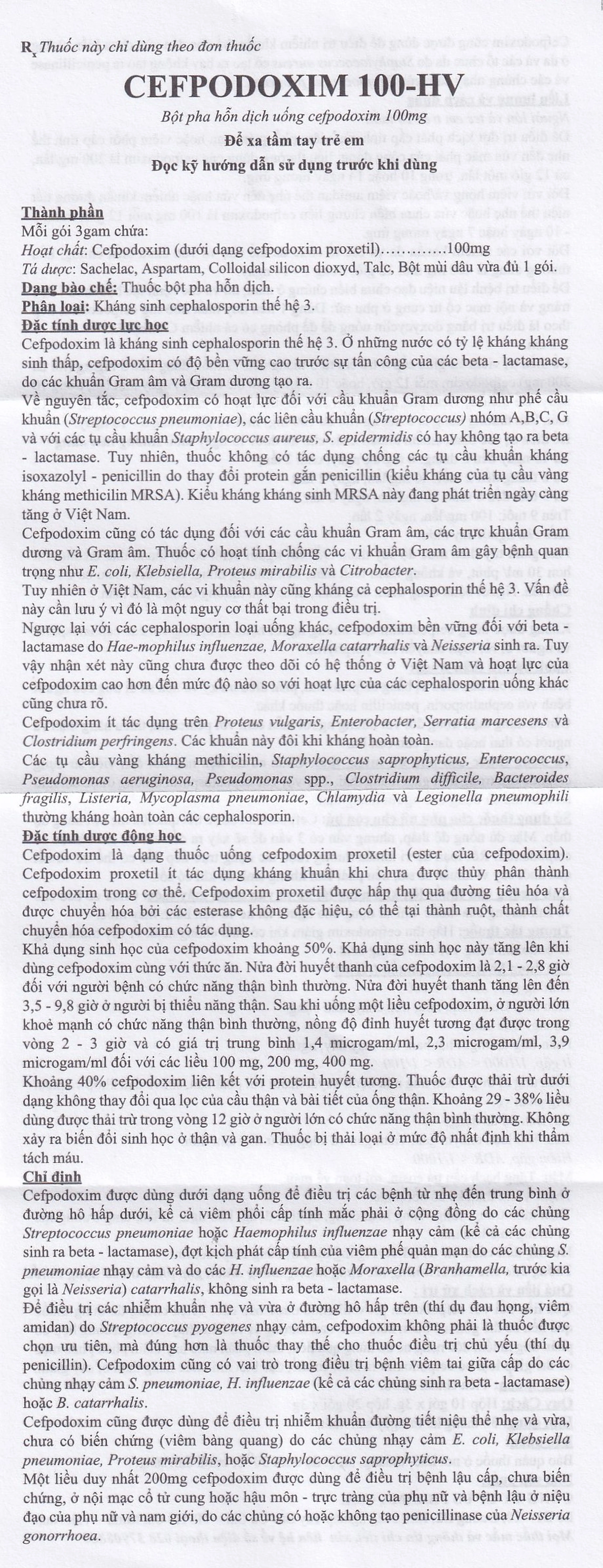 Bột pha hỗn dịch uống Cefpodoxim 100-HV USP điều trị nhiễm khuẩn (10 gói x 3g)