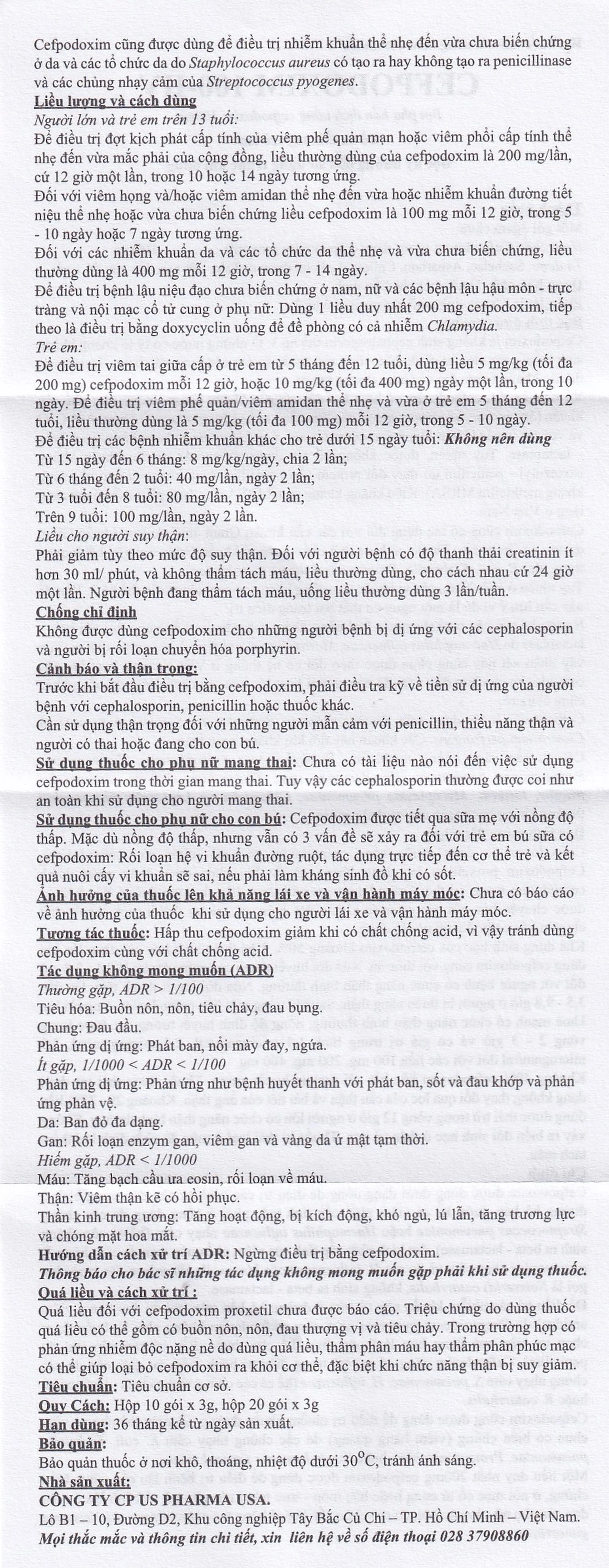 Bột pha hỗn dịch uống Cefpodoxim 100-HV USP điều trị nhiễm khuẩn (10 gói x 3g)