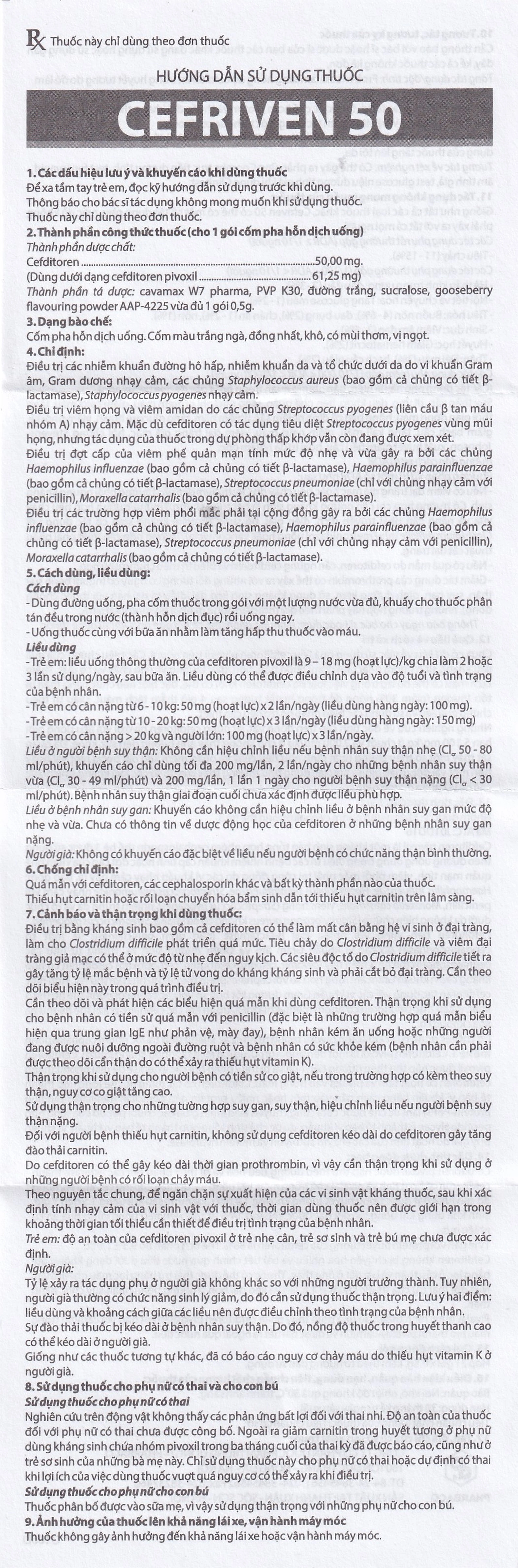 Cốm pha hỗn dịch uống Cefriven 50 điều trị nhiễm khuẩn đường hô hấp, nhiễm khuẩn da, viêm họng, viêm amidan (21 gói x 0.5g)