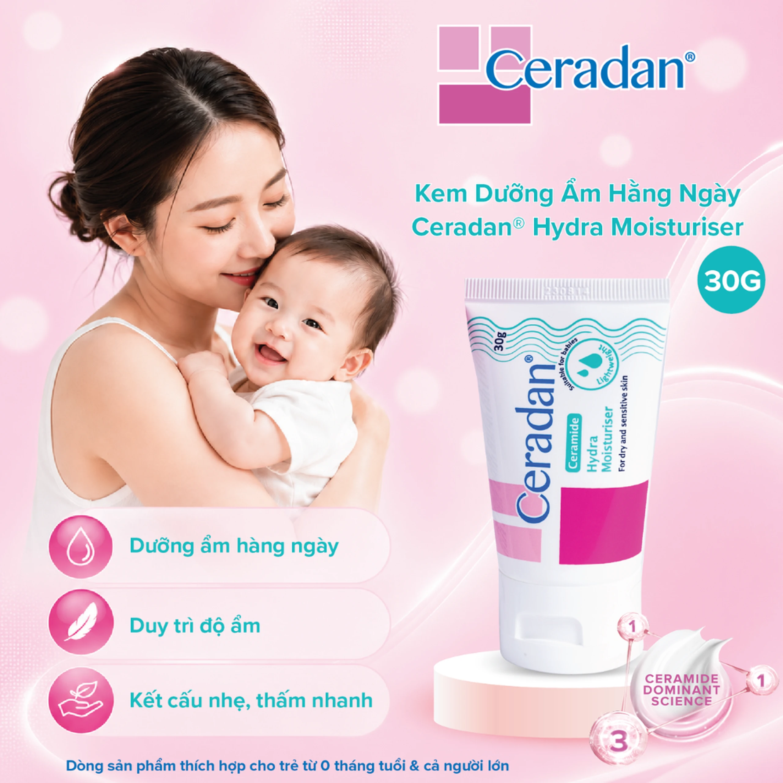 Kem dưỡng ẩm Ceradan Ceramide Hydra Moisturiser làm dịu da và phục hồi da bị kích ứng 30g 2