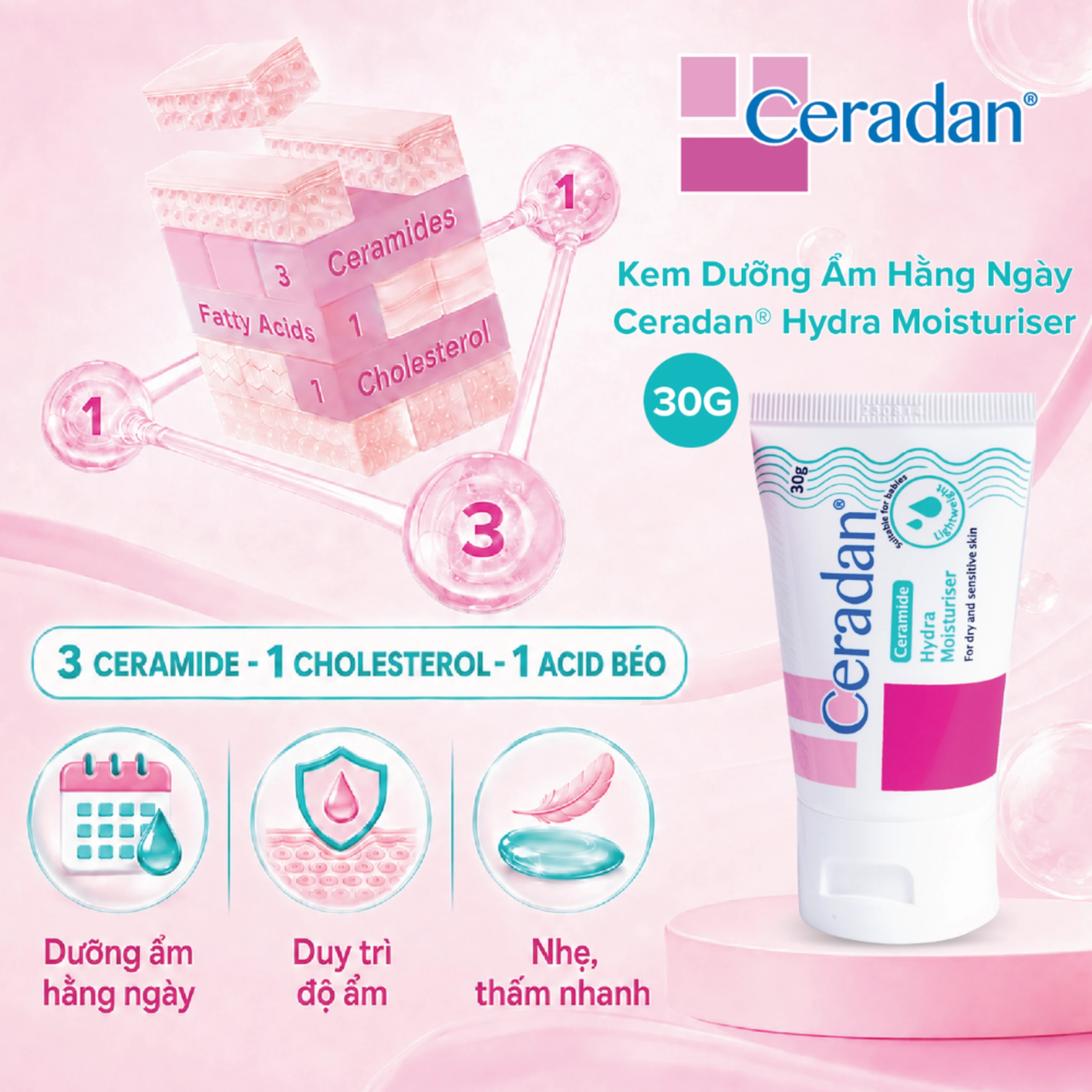Kem dưỡng ẩm Ceradan Ceramide Hydra Moisturiser làm dịu da và phục hồi da bị kích ứng 30g 3