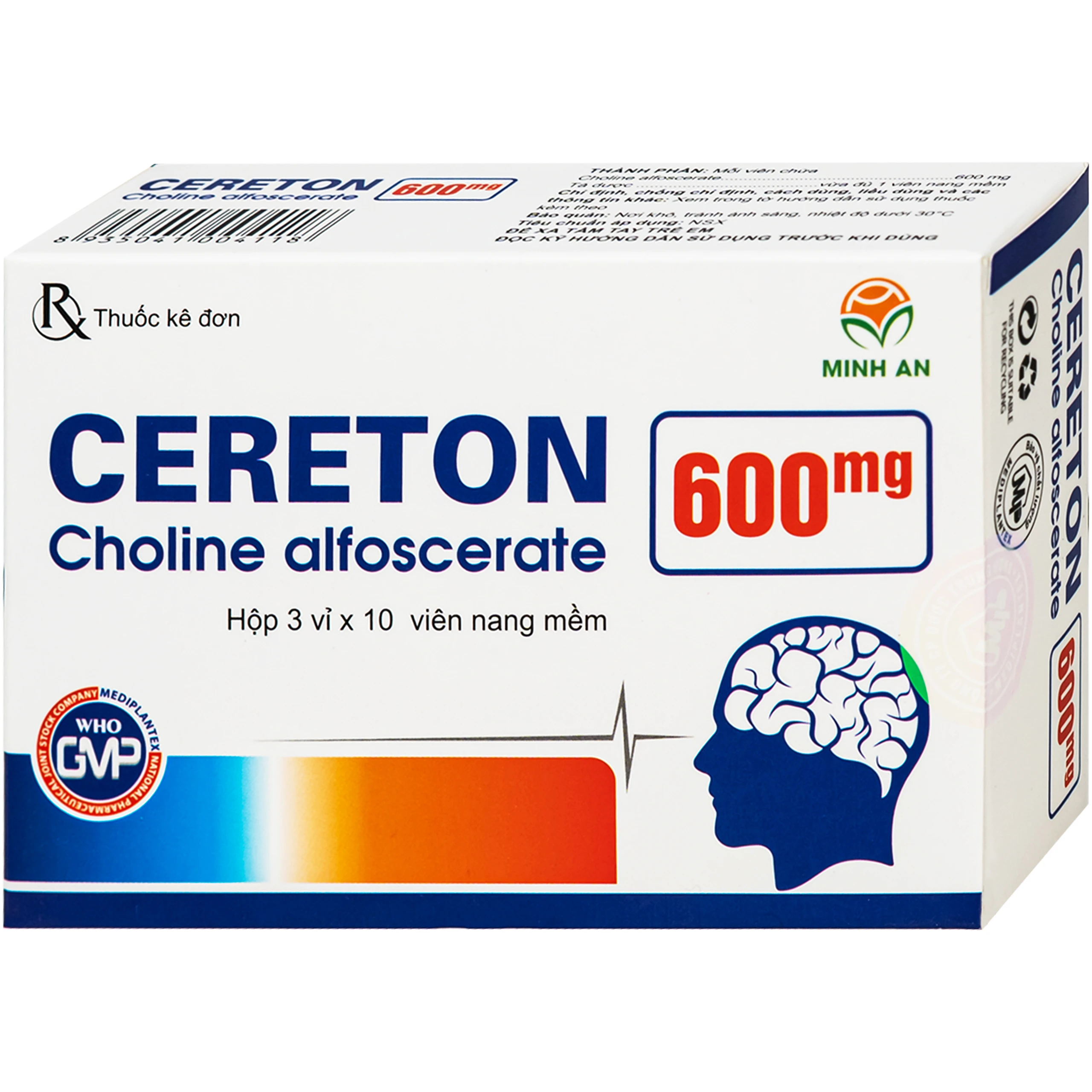Thuốc Cereton 600mg Mediplantex chỉ định điều trị các hội chứng thoái hóa não hữu cơ, rối loạn tâm lý - hành vi ở người lớn tuổi, hồi phục sau tai biến (3 vỉ x 10 viên) 2