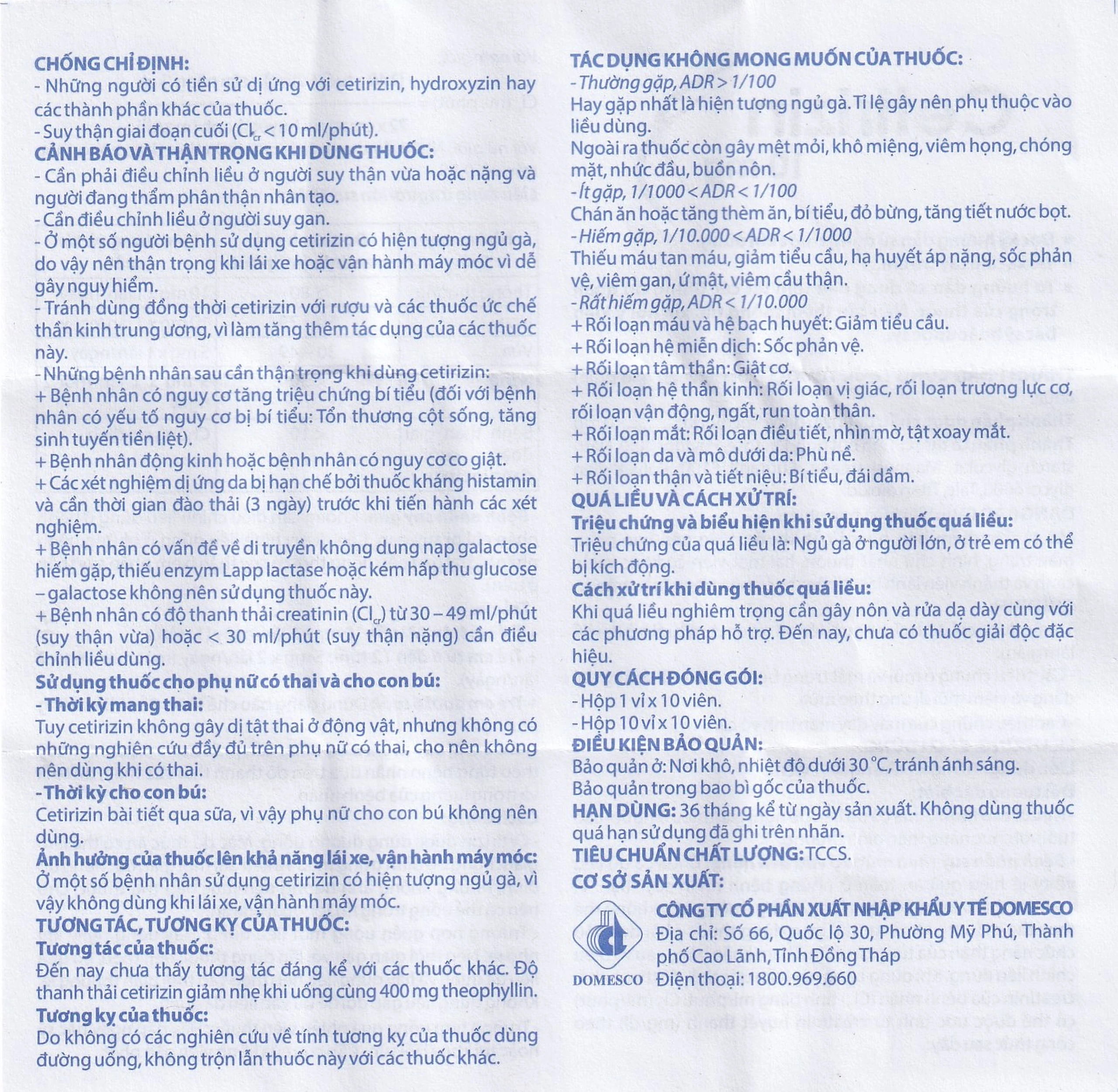 Thuốc Cetirizin 10mg Domesco điều trị viêm mũi dị ứng, mày đay (10 vỉ x 10 viên)