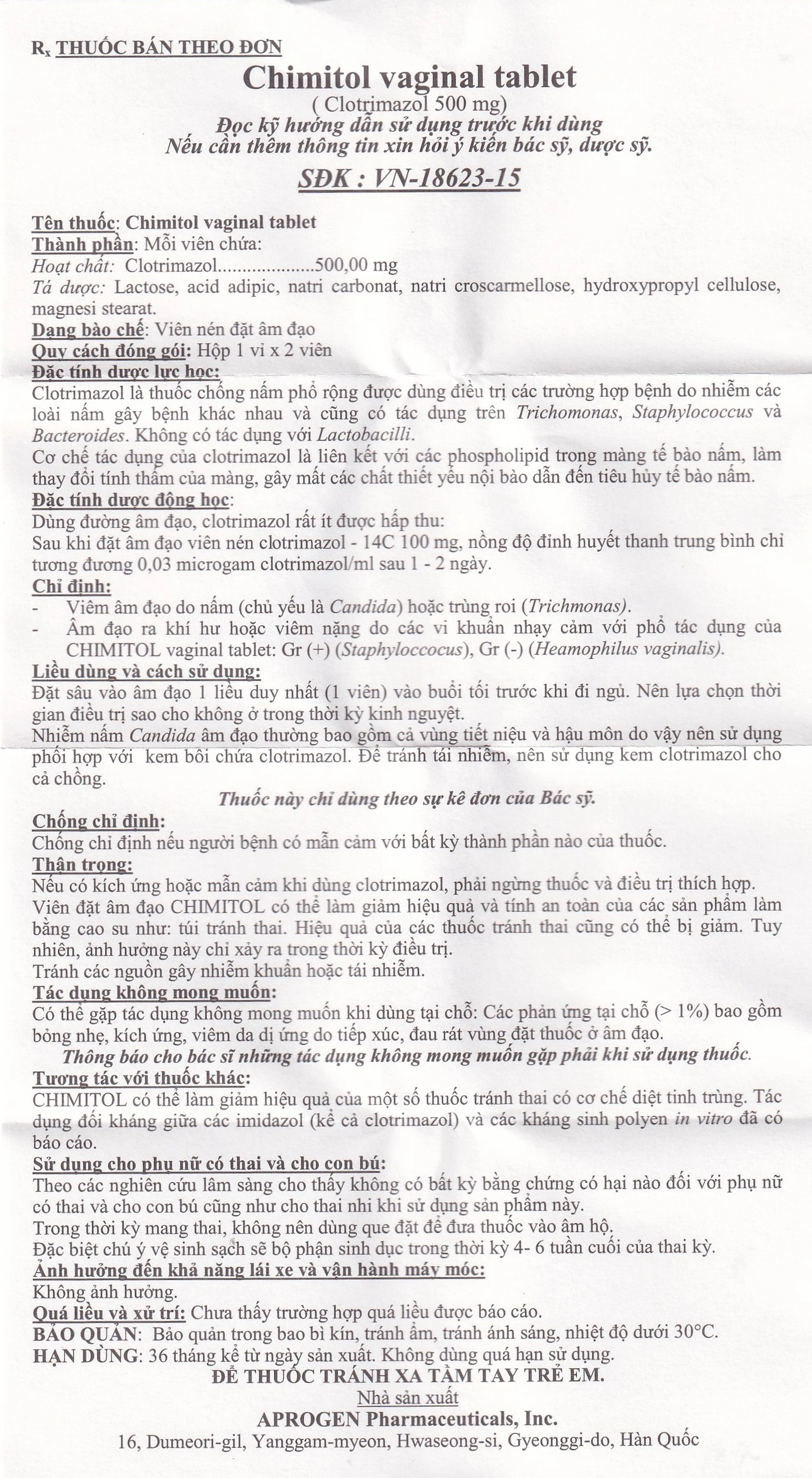 Viên đặt âm đạo Chimitol Vaginal Tab Aprogen điều trị viêm âm đạo do nấm (1 vỉ x 2 viên)