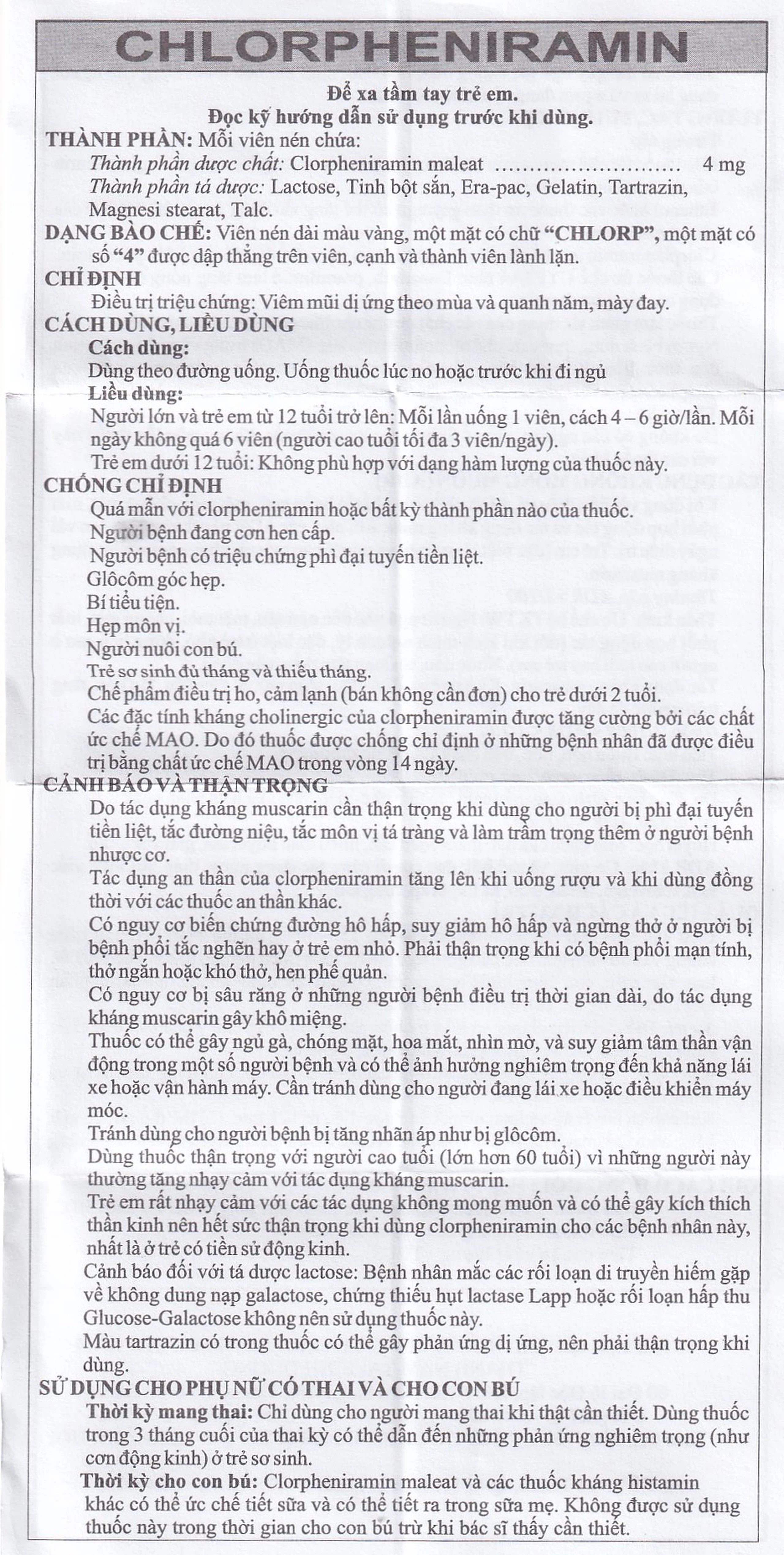Thuốc Chlorpheniramin 4mg Fourdiphar điều trị viêm mũi dị ứng, mày đay (10 vỉ x 20 viên)