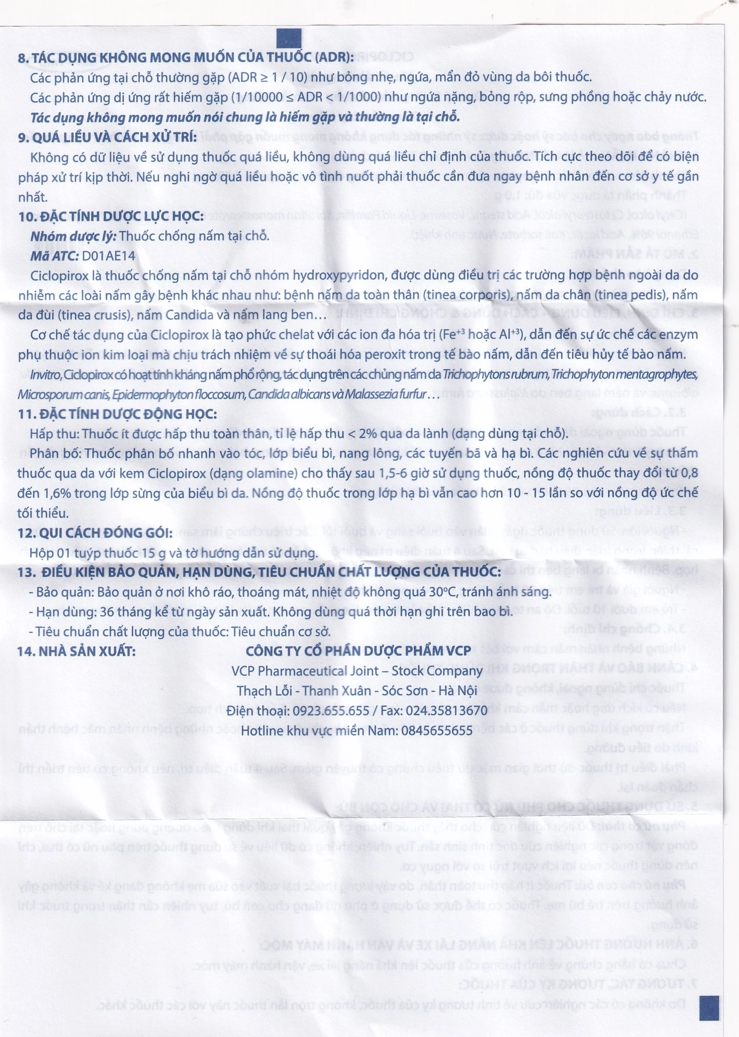 Kem bôi da Ciclopirox 0,77% VCP điều trị nấm da chân, nấm da đùi và nấm da toàn thân (15g)