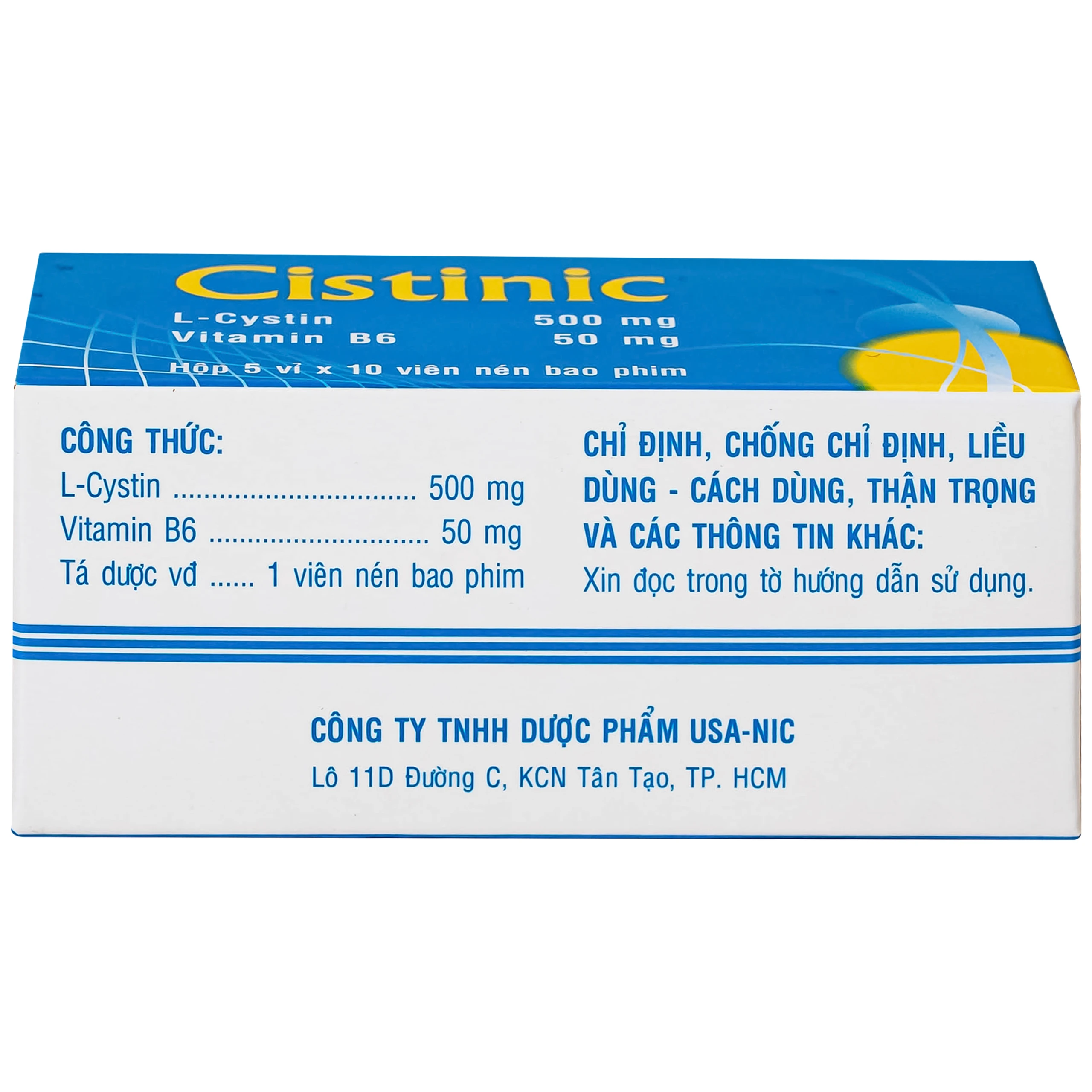 Thuốc Cistinic 500/50mg Usa-Nic Pharma Điều trị bệnh lý liên quan đến tóc, loạn dưỡng móng, chậm liền sẹo giác mạc (5 vỉ x 10 viên)