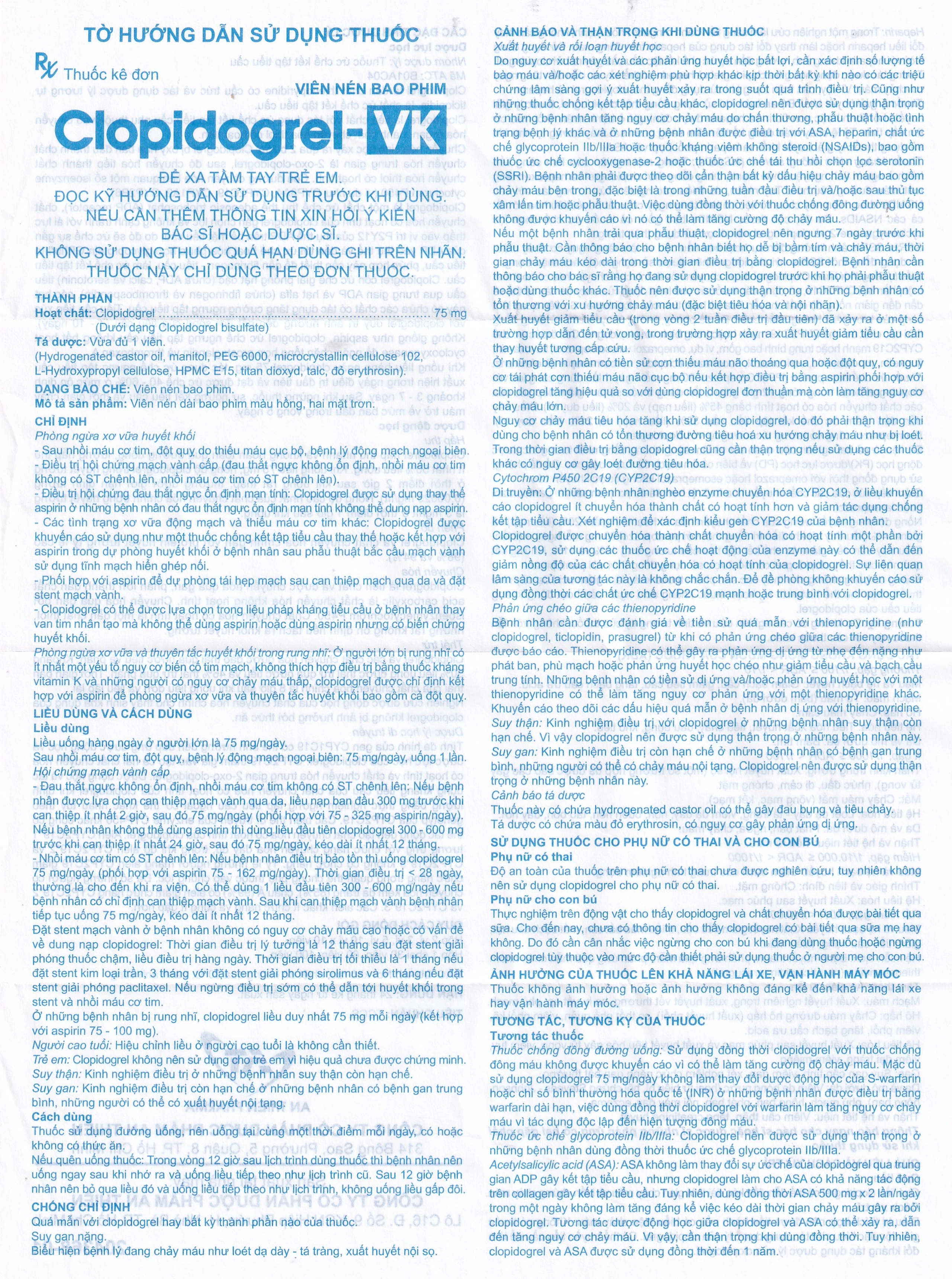 Thuốc Clopidogrel-Vk 75mg An Thiên phòng ngừa biến cố xơ vữa động mạch (3 vỉ x 10 viên)