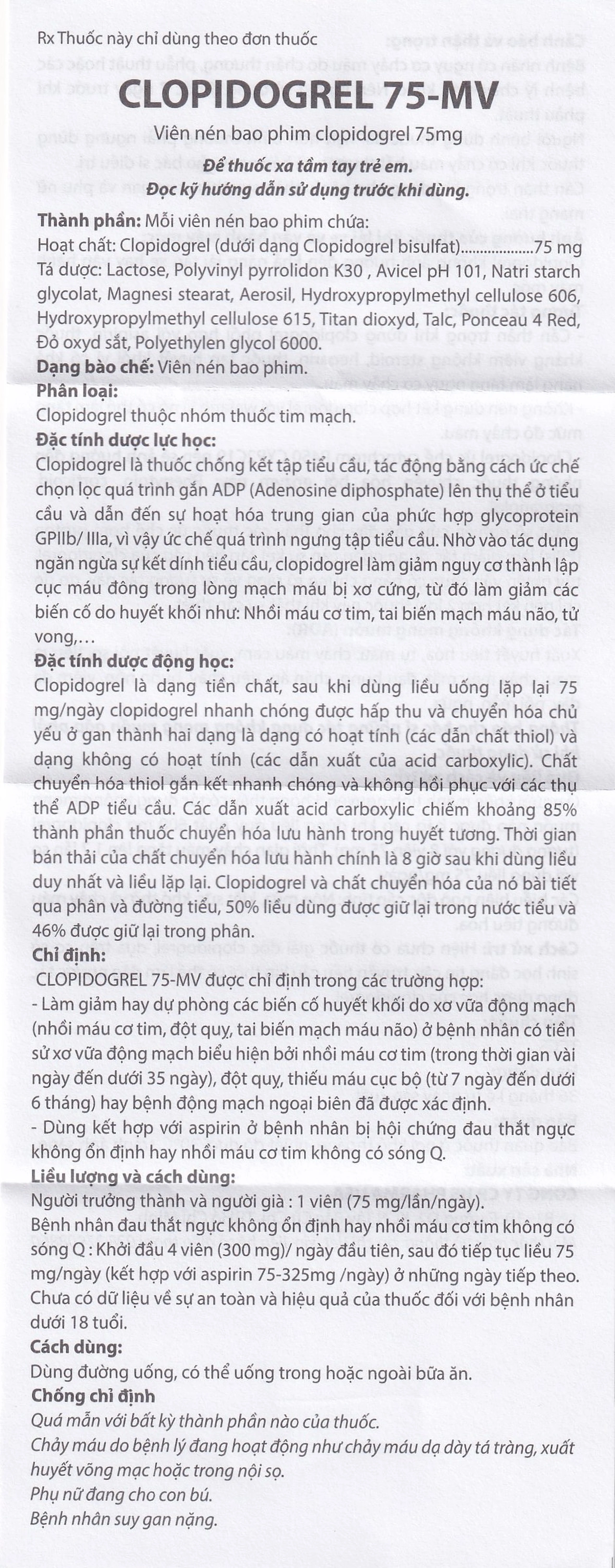 Thuốc Clopidogrel 75 - MV USP làm giảm hay dự phòng các biến cố huyết khối (3 vỉ x 10 viên)