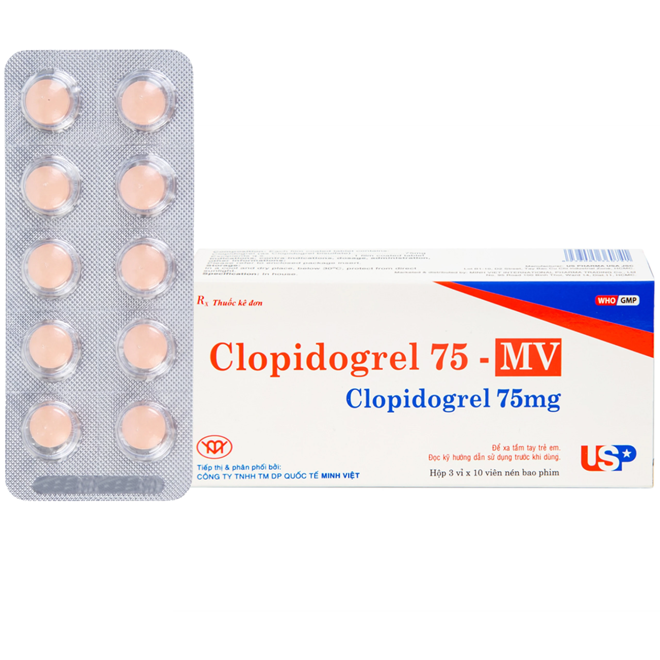 Thuốc Clopidogrel 75 - MV USP làm giảm hay dự phòng các biến cố huyết khối (3 vỉ x 10 viên) 1