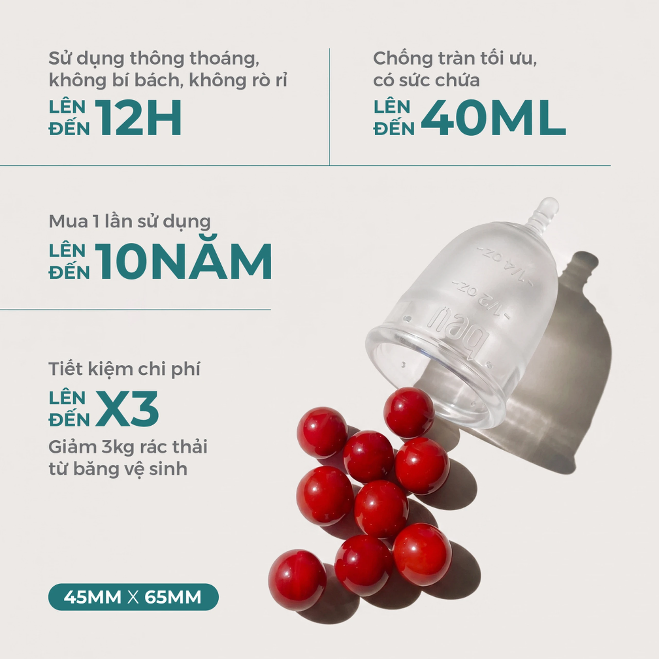 Cốc nguyệt san Beu Cup 45x65mm siêu mềm, kiểm soát mùi hôi, hạn chế viêm nhiễm 3