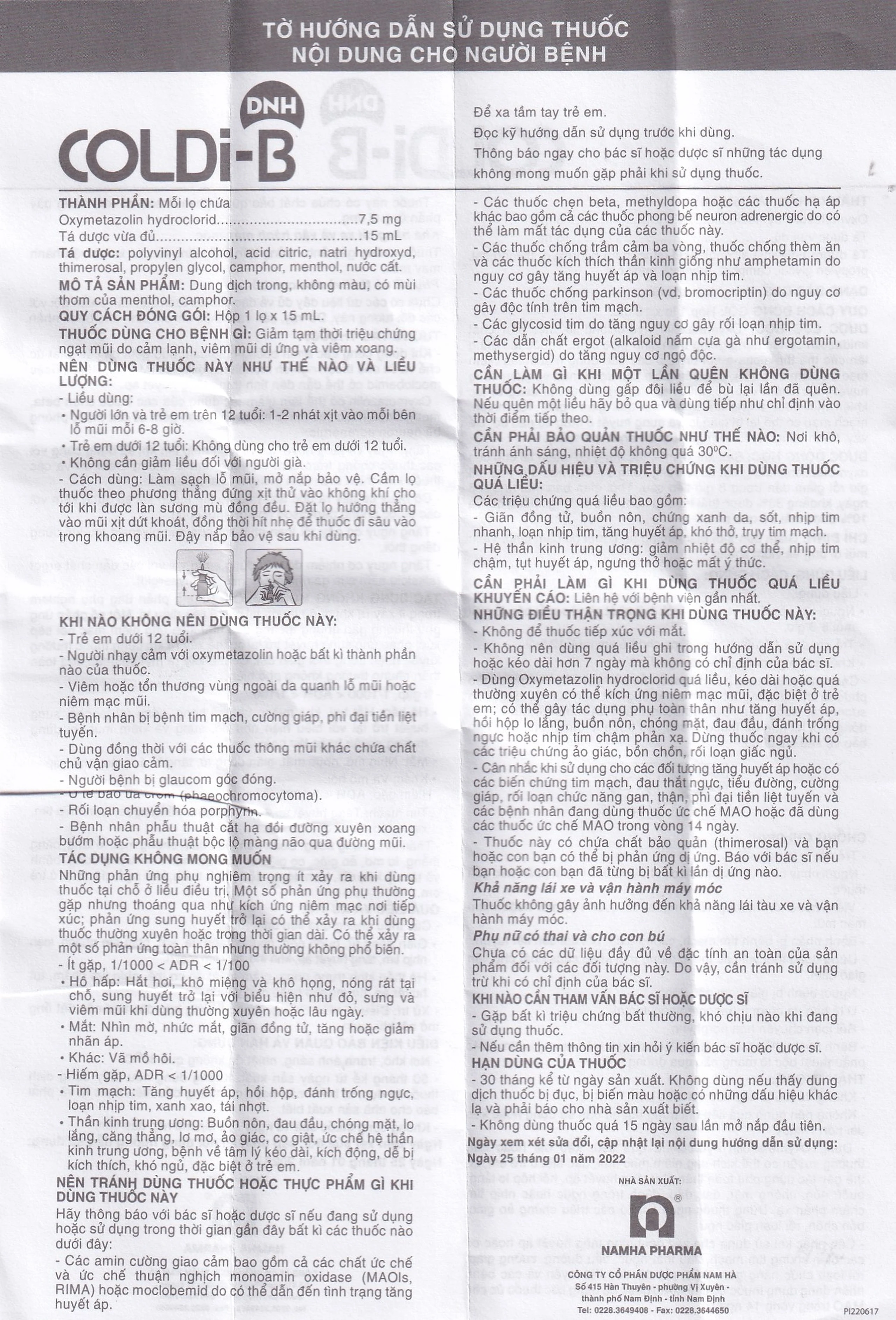 Thuốc xịt mũi Coldi-B Nam Hà giảm ngạt mũi do cảm lạnh, viêm mũi dị ứng, viêm xoang (15ml)