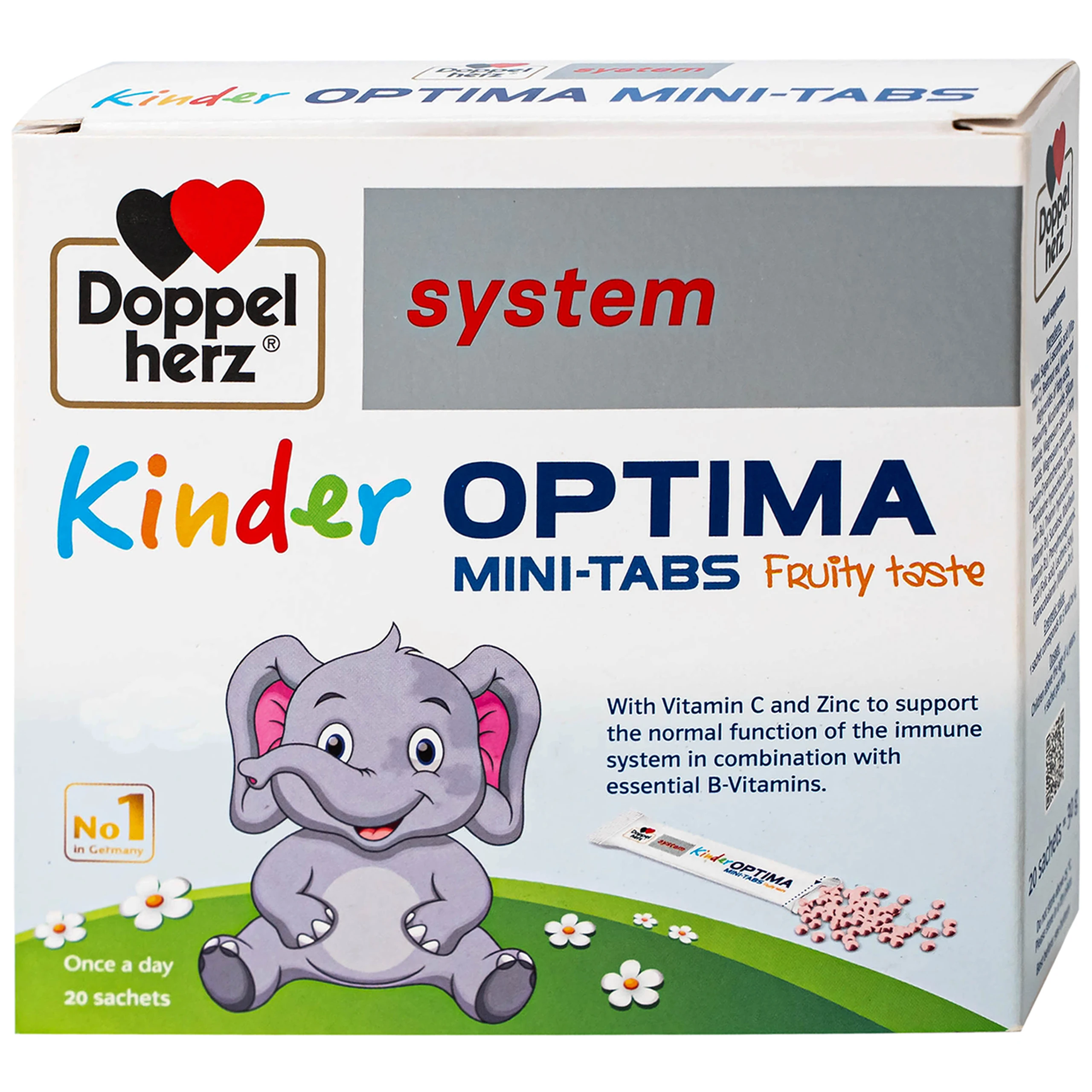 Cốm bổ sung các vitamin, giúp tăng cường sức đề kháng cho trẻ Doppelherz Aktiv Kinder Optima Mini-Tabs (20 gói x 30g)